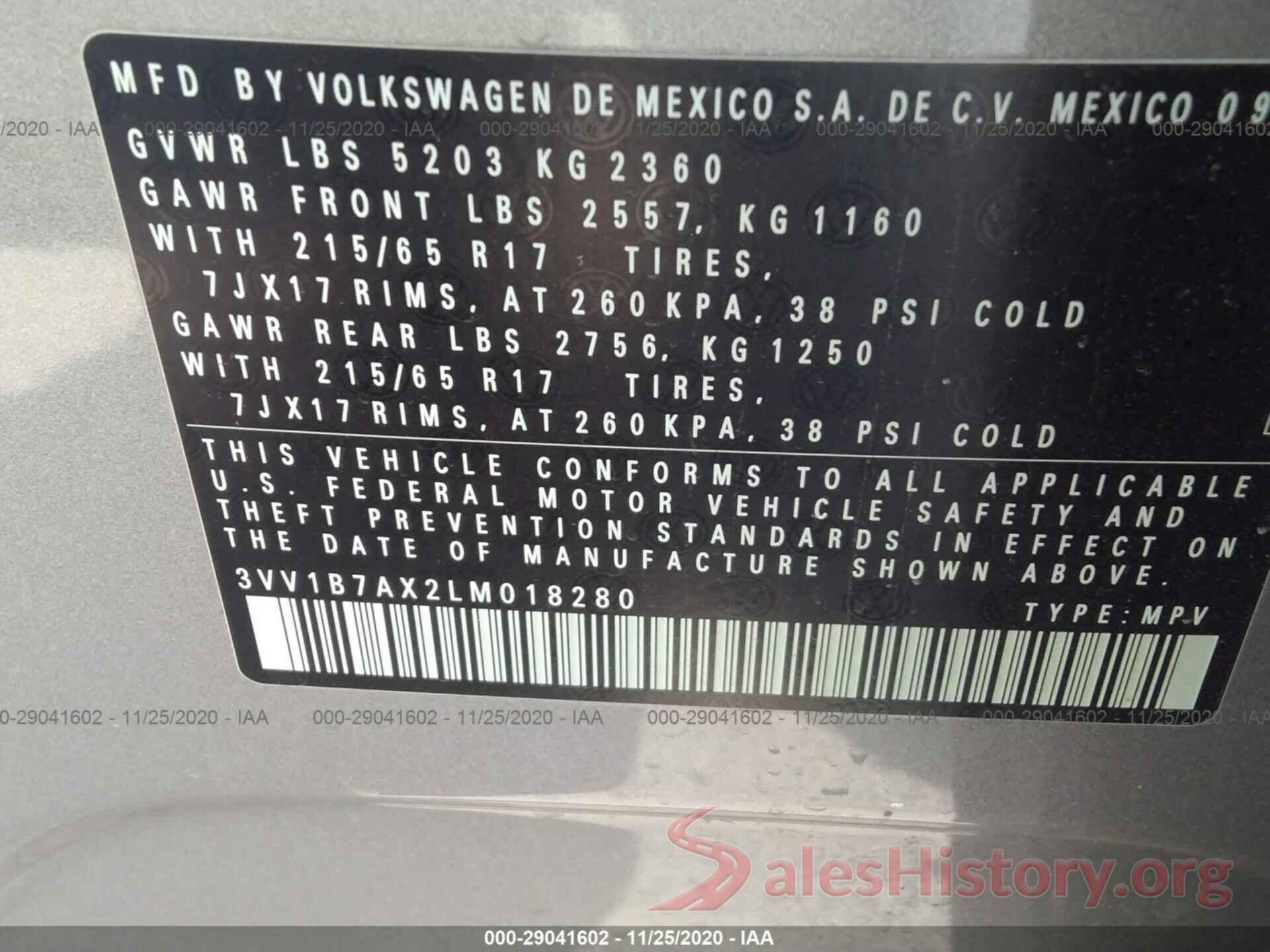 3VV1B7AX2LM018280 2020 VOLKSWAGEN TIGUAN