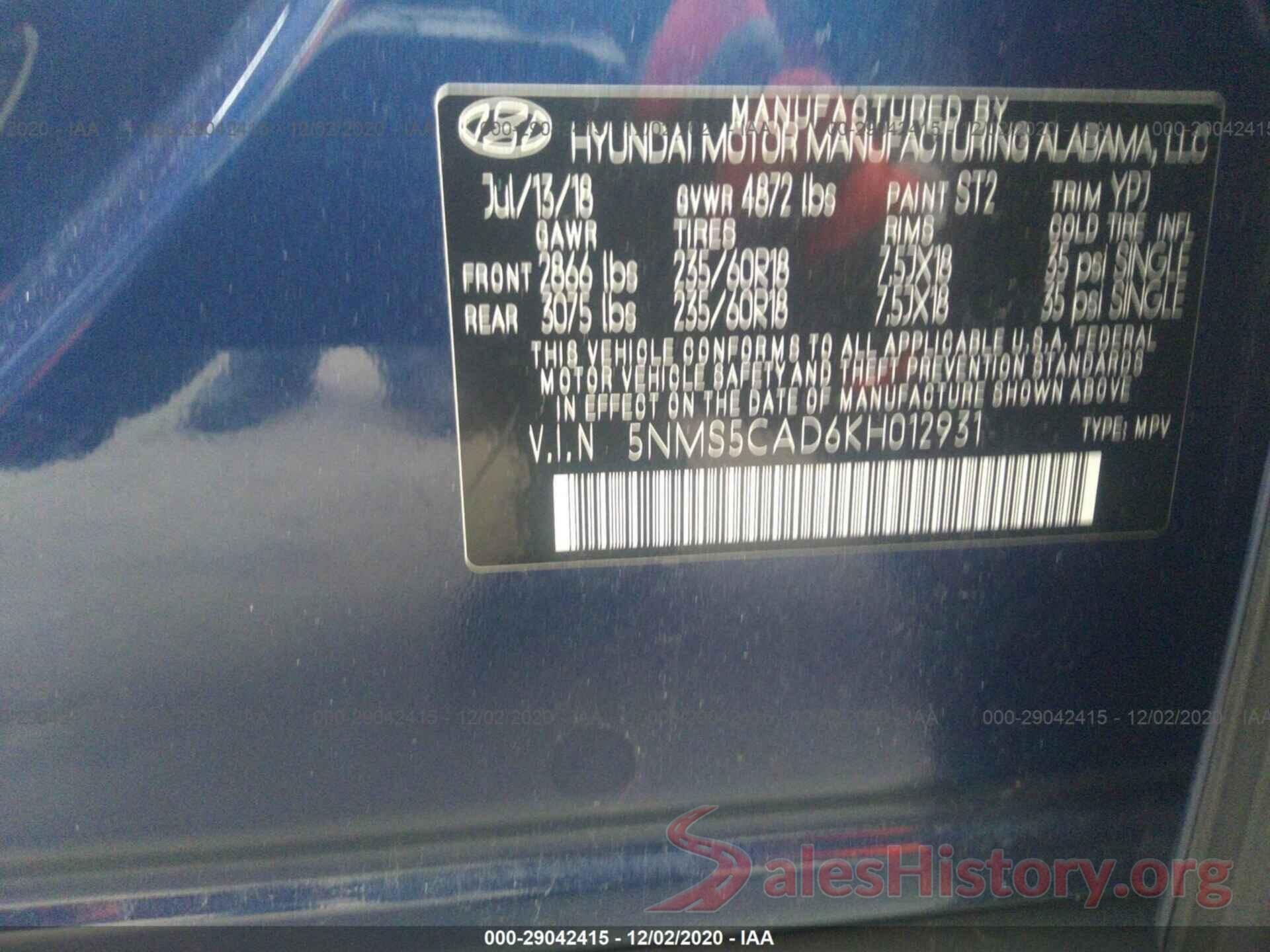 5NMS5CAD6KH012931 2019 HYUNDAI SANTA FE