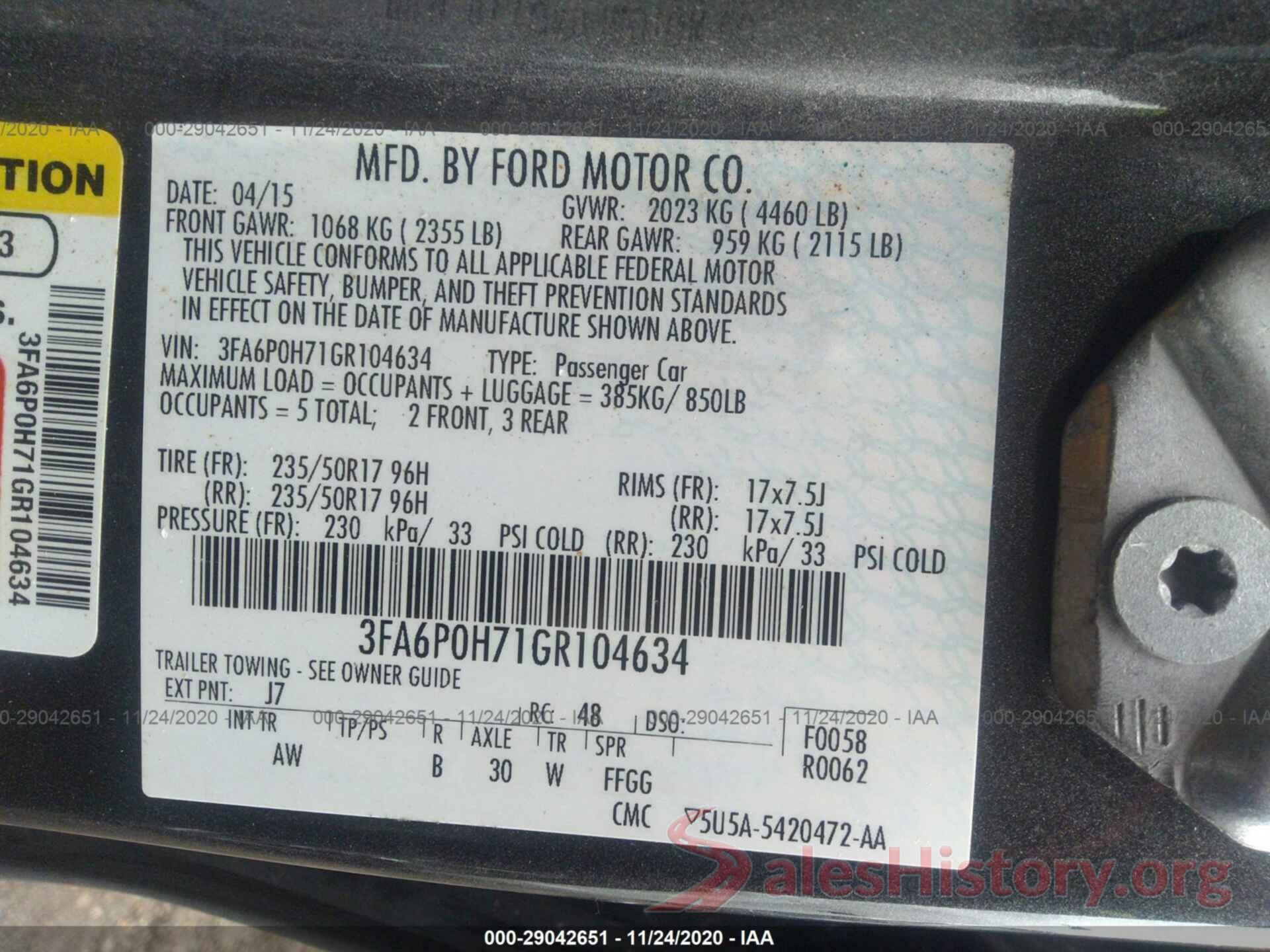 3FA6P0H71GR104634 2016 FORD FUSION