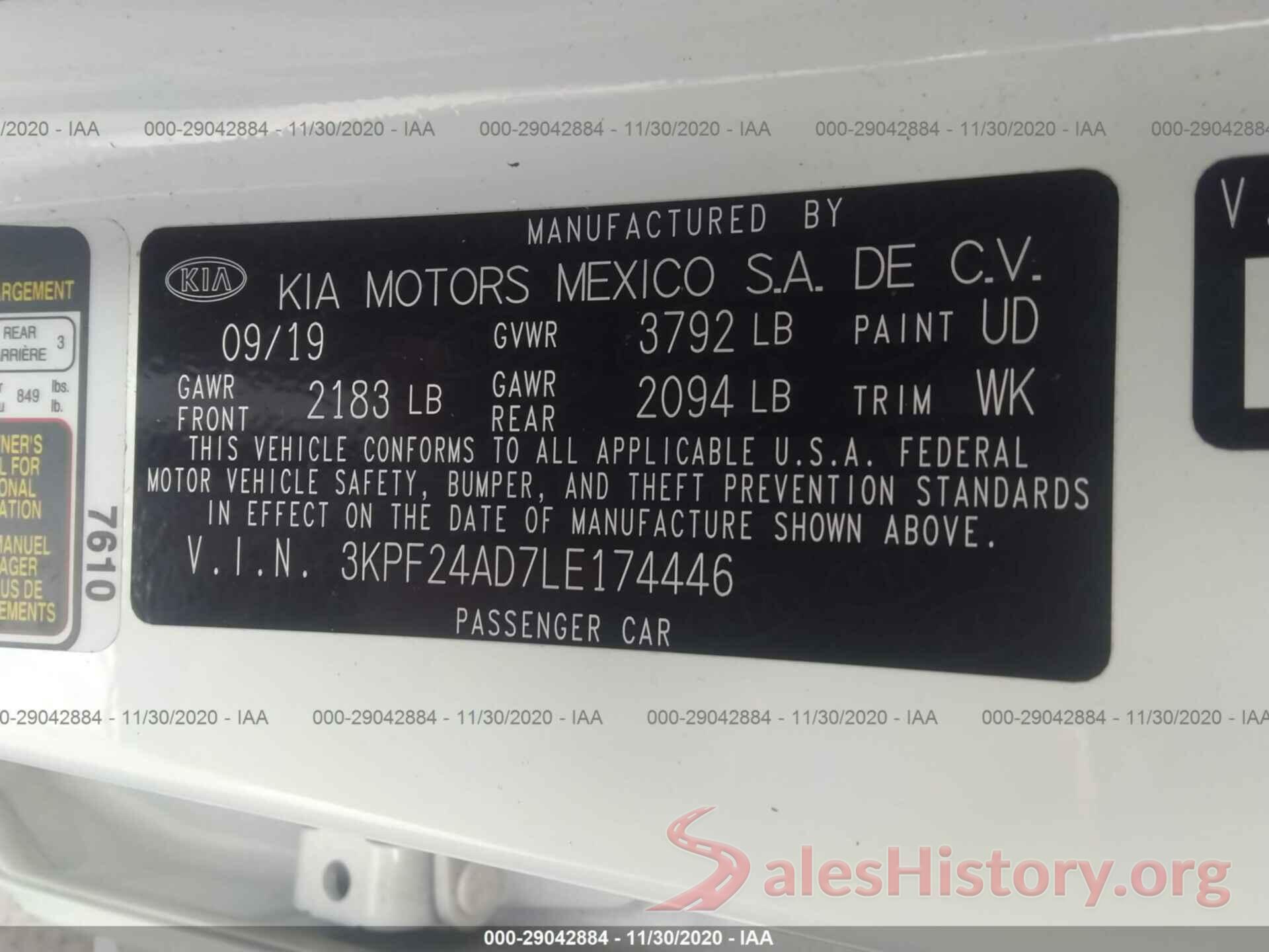 3KPF24AD7LE174446 2020 KIA FORTE