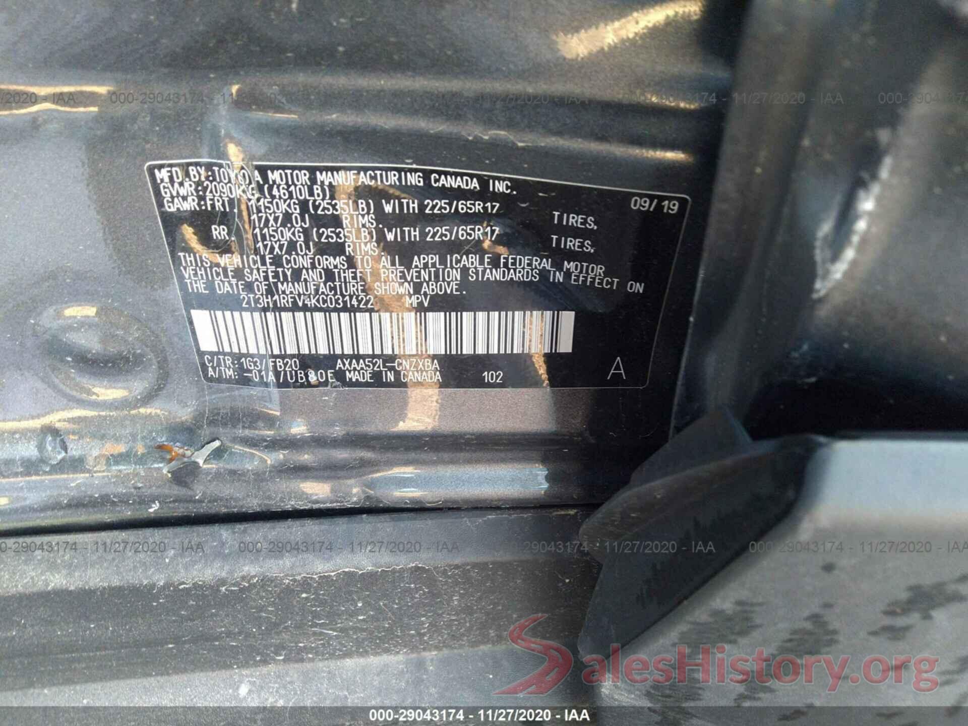 2T3H1RFV4KC031422 2019 TOYOTA RAV4