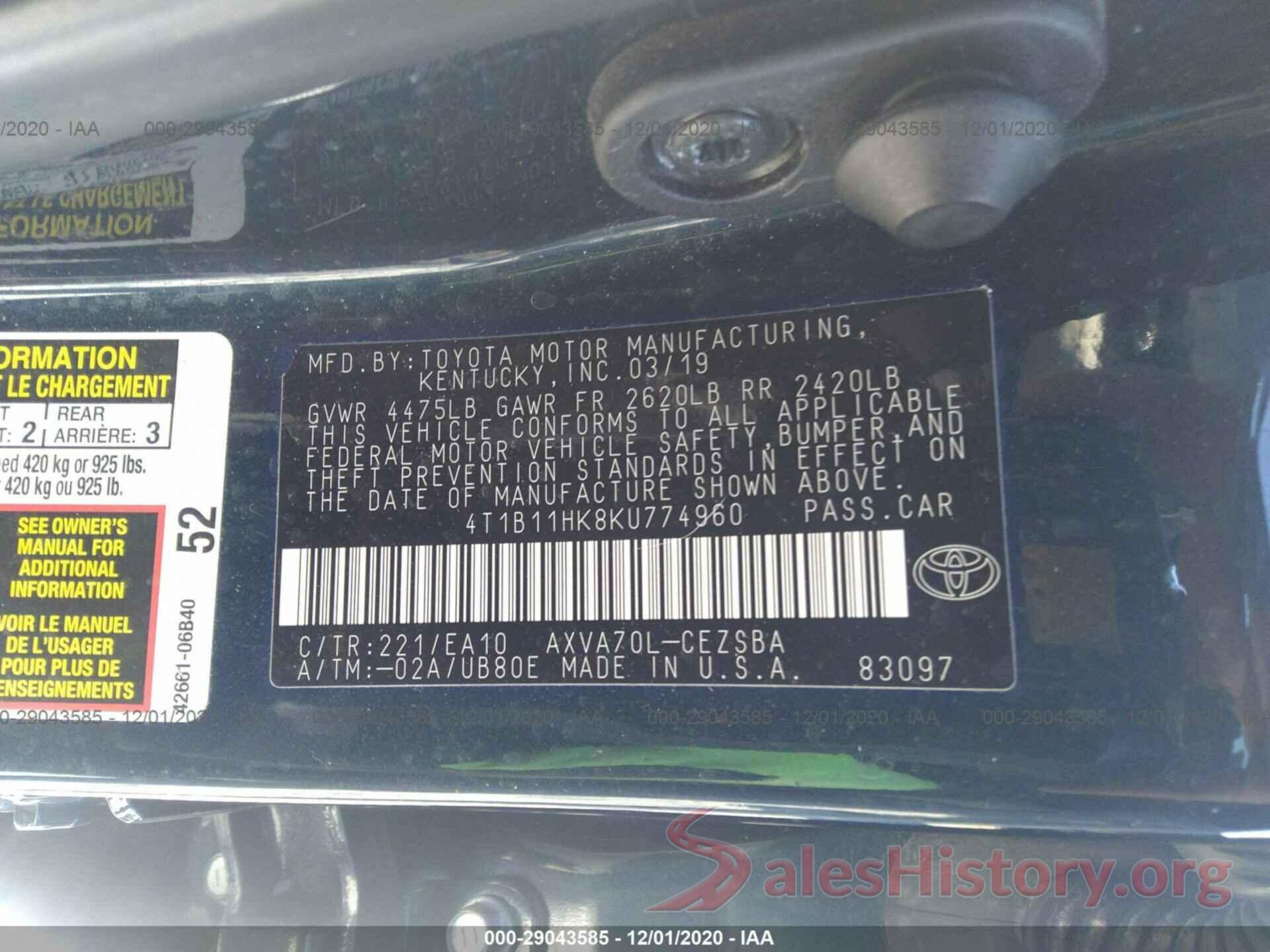 4T1B11HK8KU774960 2019 TOYOTA CAMRY