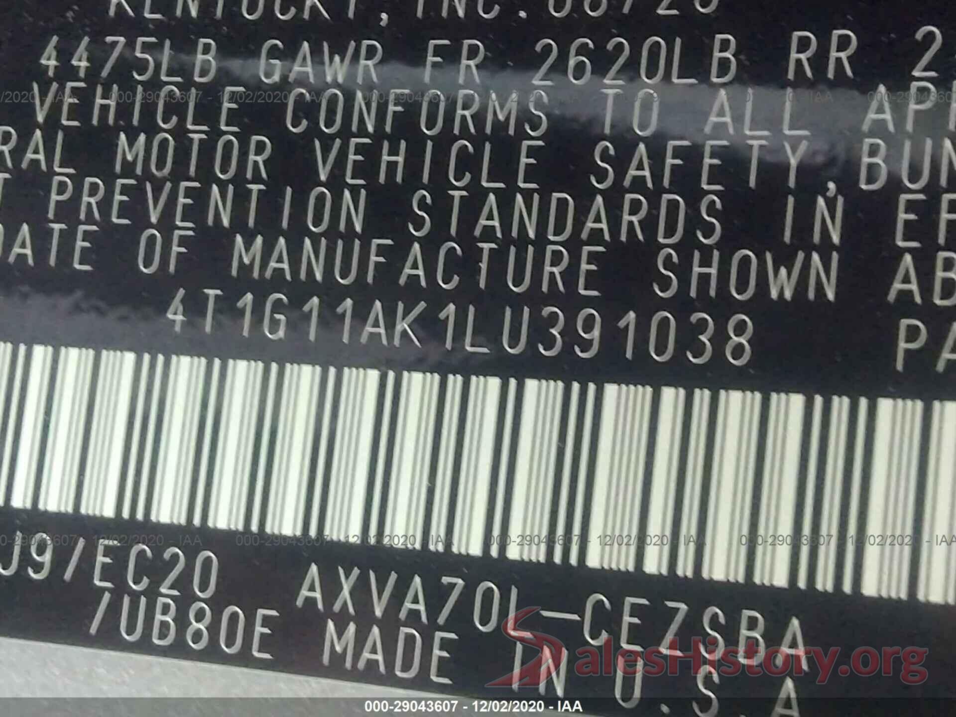 4T1G11AK1LU391038 2020 TOYOTA CAMRY