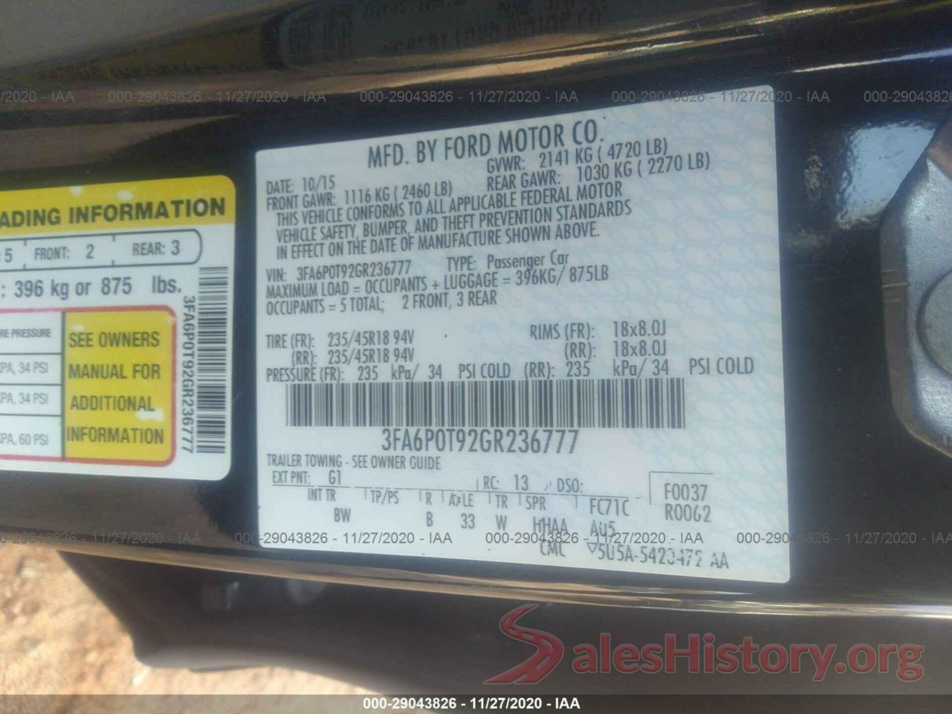 3FA6P0T92GR236777 2016 FORD FUSION