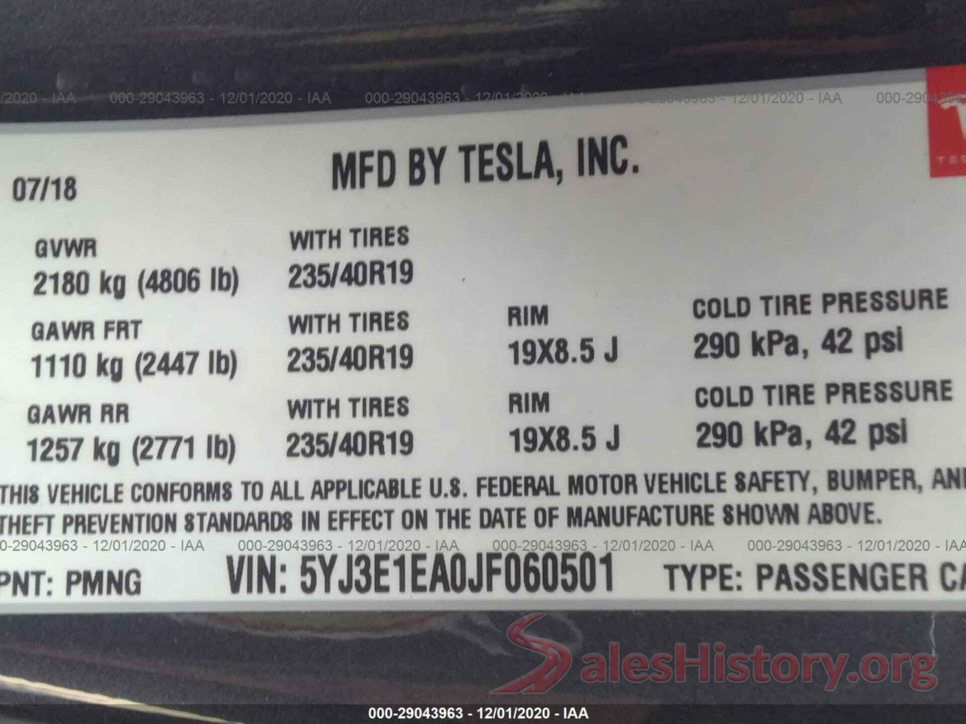 5YJ3E1EA0JF060501 2018 TESLA MODEL 3