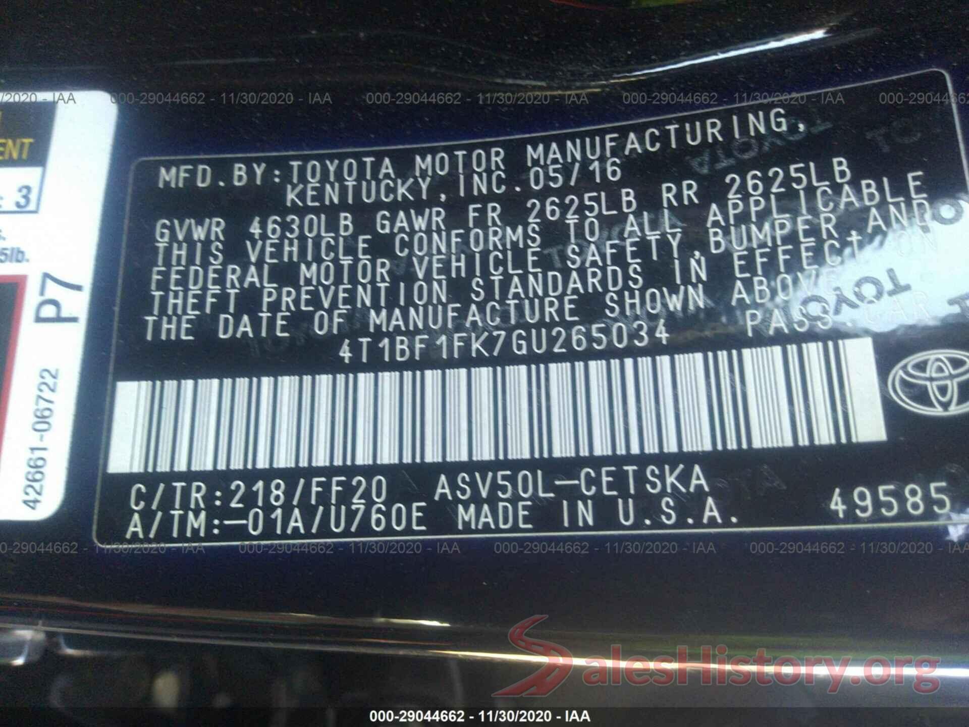 4T1BF1FK7GU265034 2016 TOYOTA CAMRY