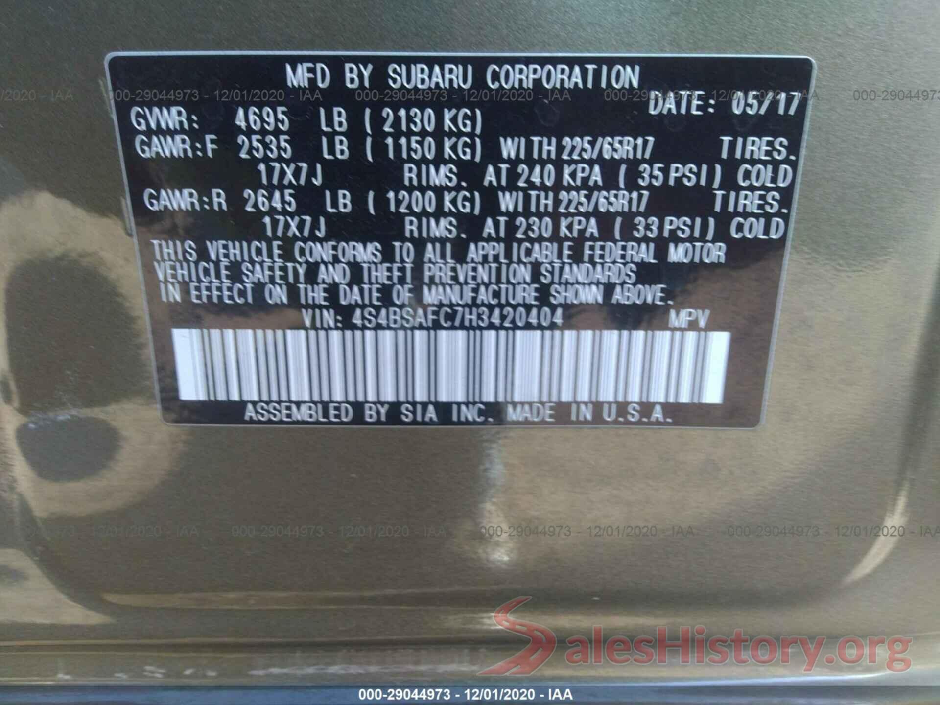 4S4BSAFC7H3420404 2017 SUBARU OUTBACK