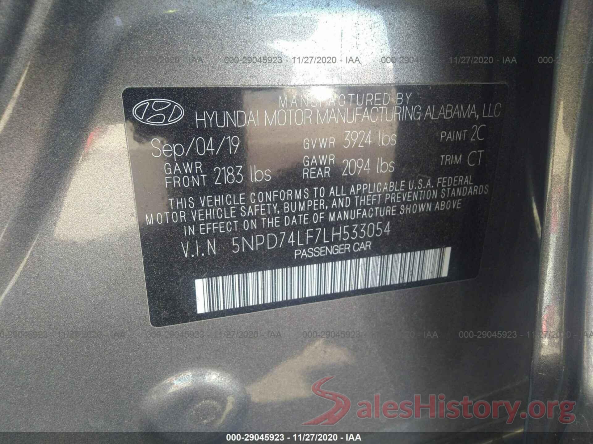 5NPD74LF7LH533054 2020 HYUNDAI ELANTRA