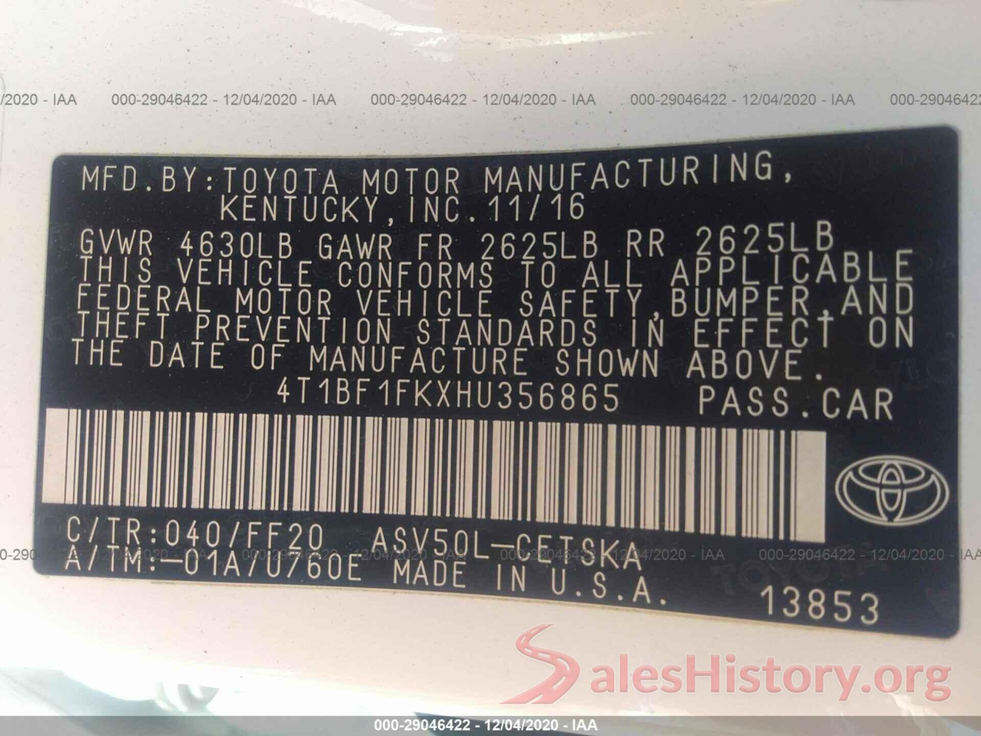 4T1BF1FKXHU356865 2017 TOYOTA CAMRY