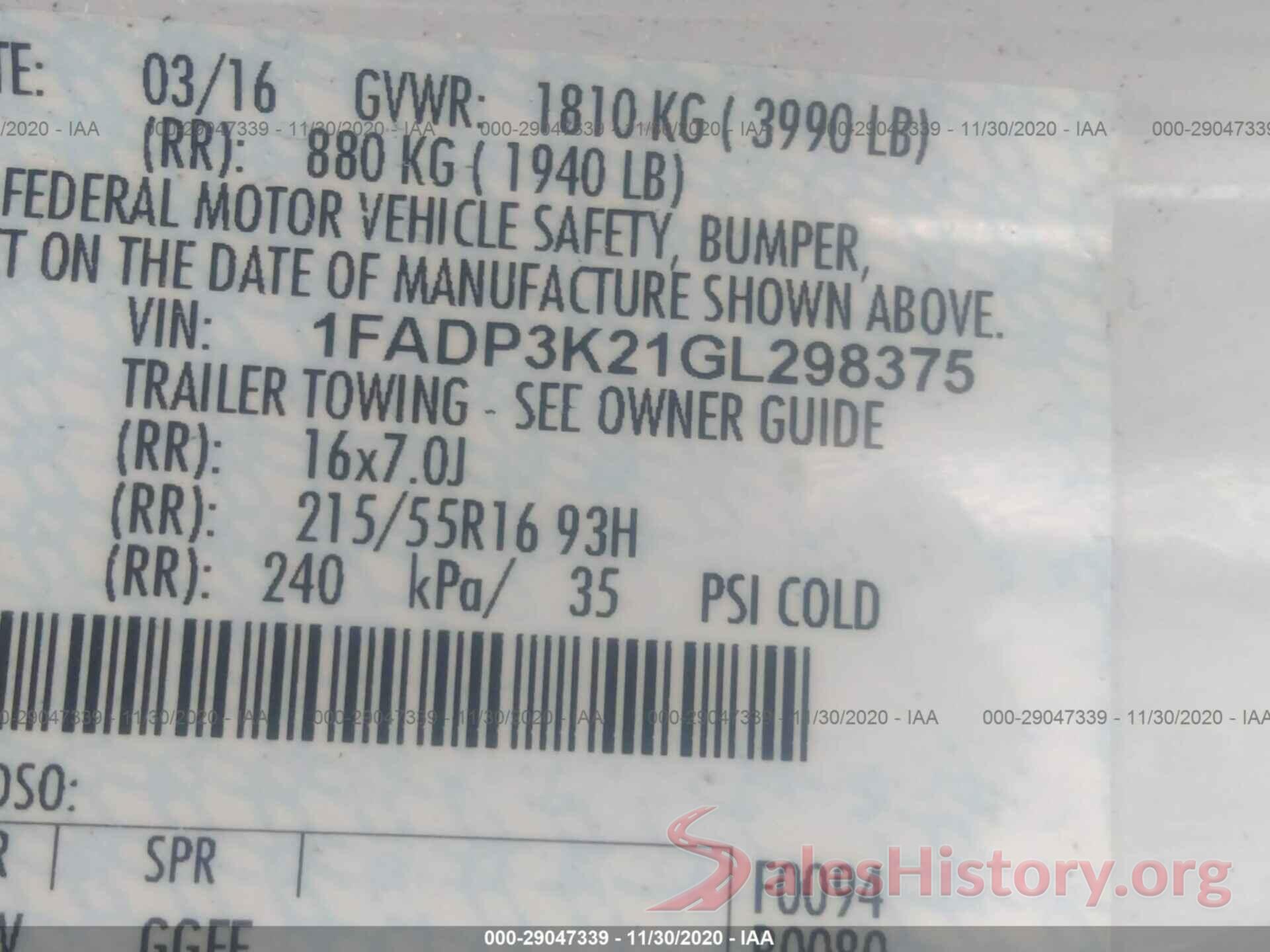 1FADP3K21GL298375 2016 FORD FOCUS