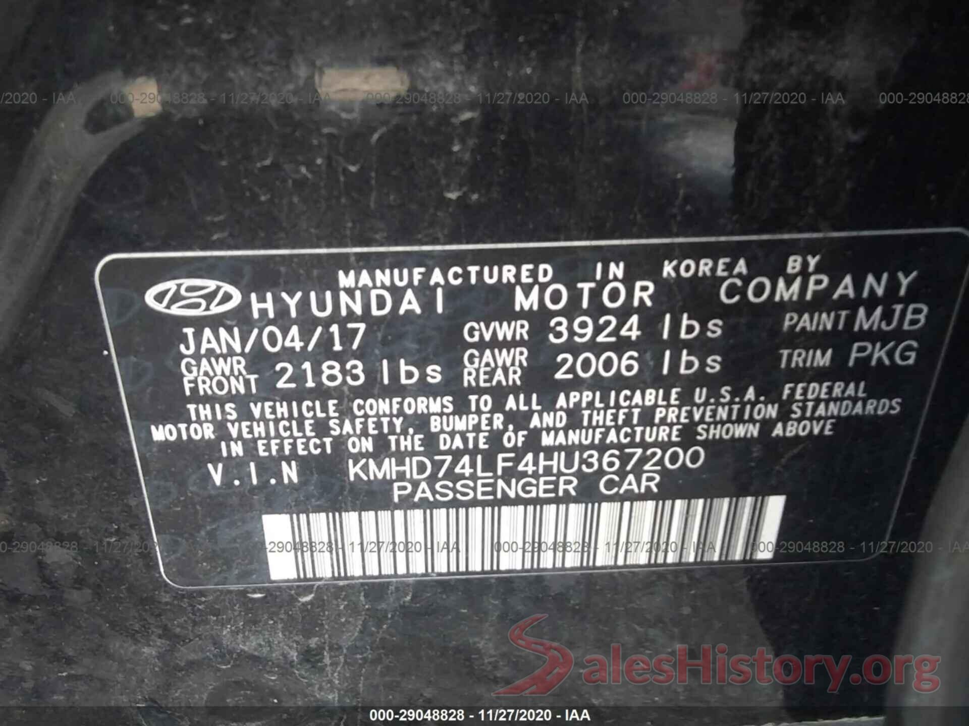 KMHD74LF4HU367200 2017 HYUNDAI ELANTRA