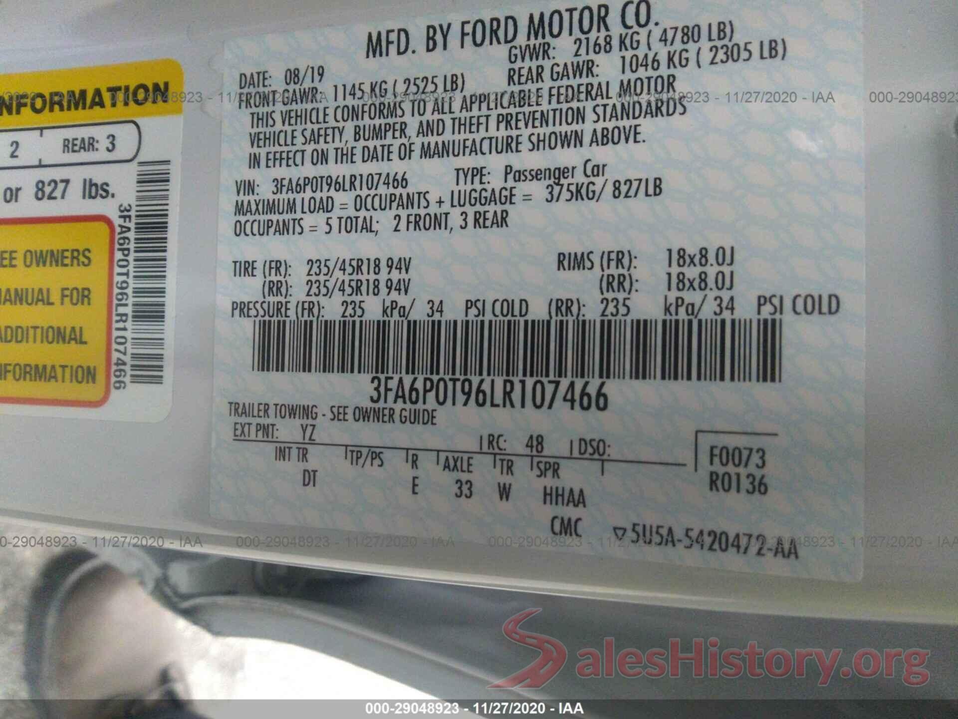 3FA6P0T96LR107466 2020 FORD FUSION