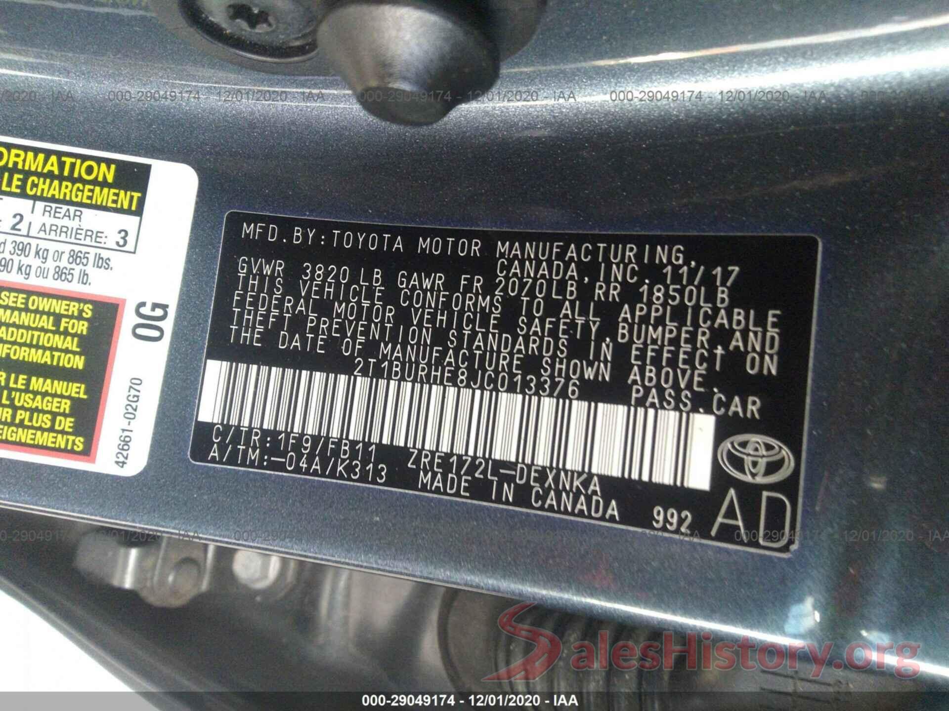 2T1BURHE8JC013376 2018 TOYOTA COROLLA