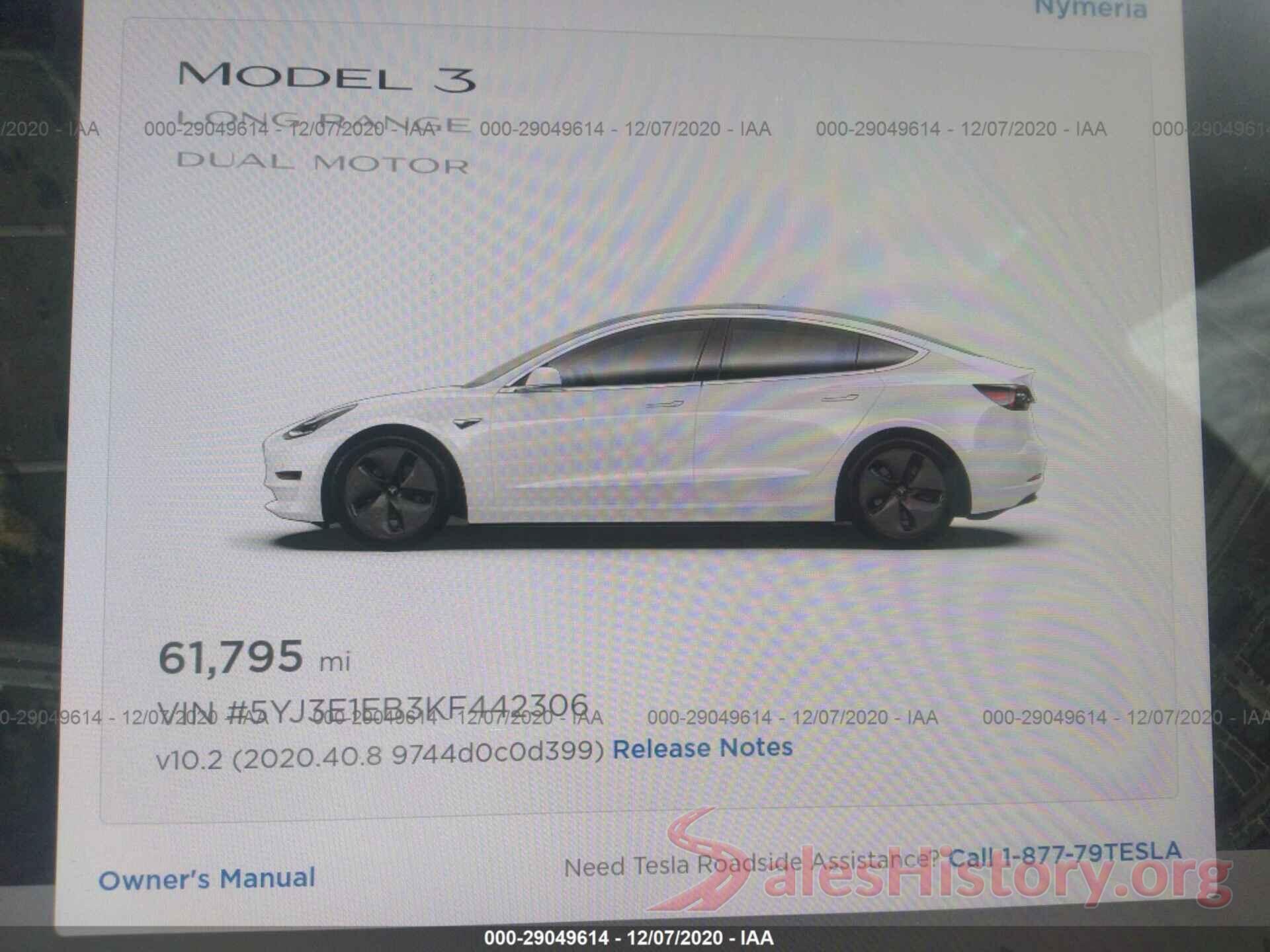 5YJ3E1EB3KF442306 2019 TESLA MODEL 3