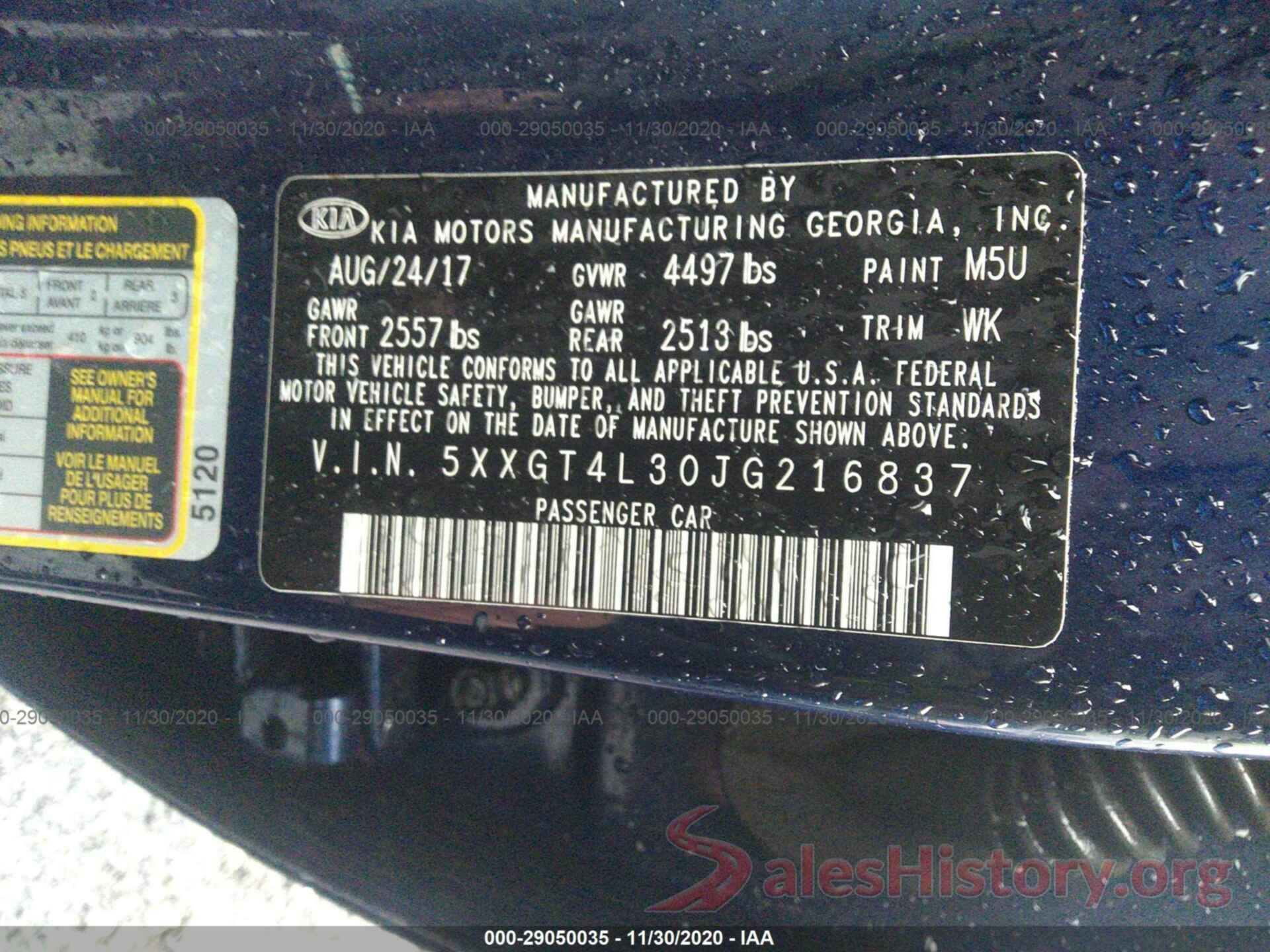 5XXGT4L30JG216837 2018 KIA OPTIMA