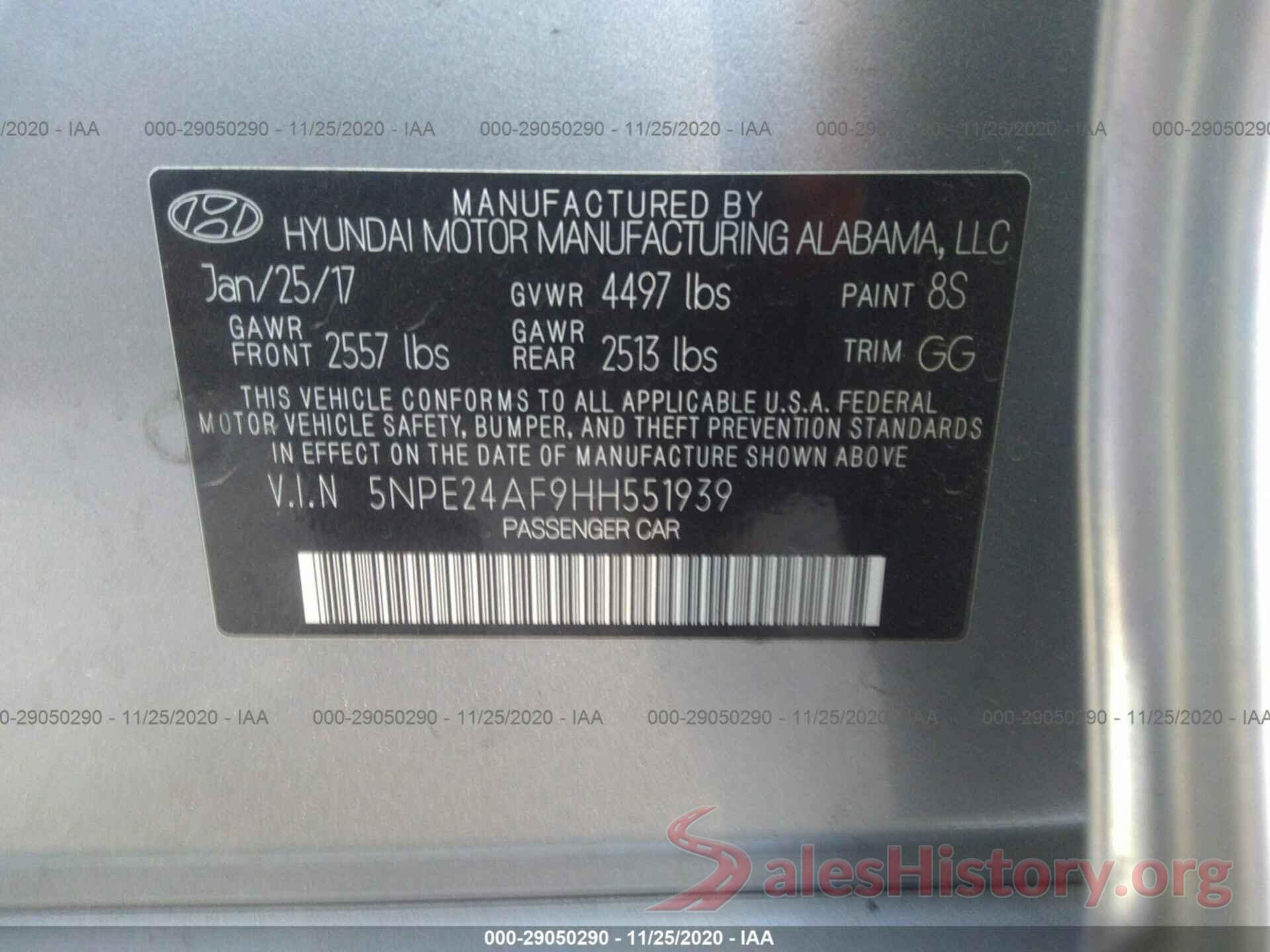 5NPE24AF9HH551939 2017 HYUNDAI SONATA