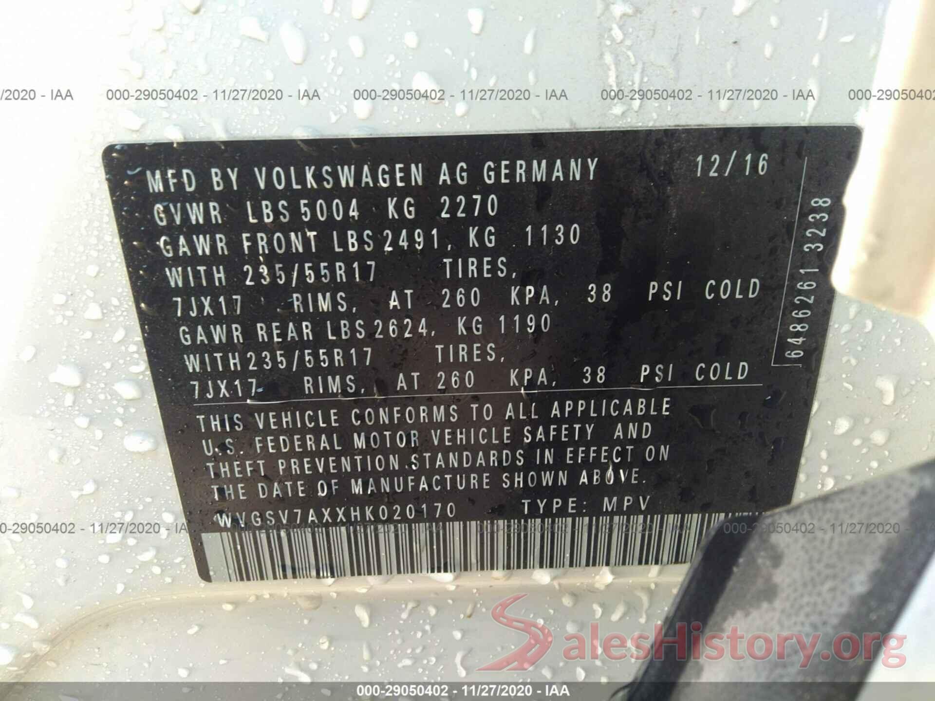 WVGSV7AXXHK020170 2017 VOLKSWAGEN TIGUAN