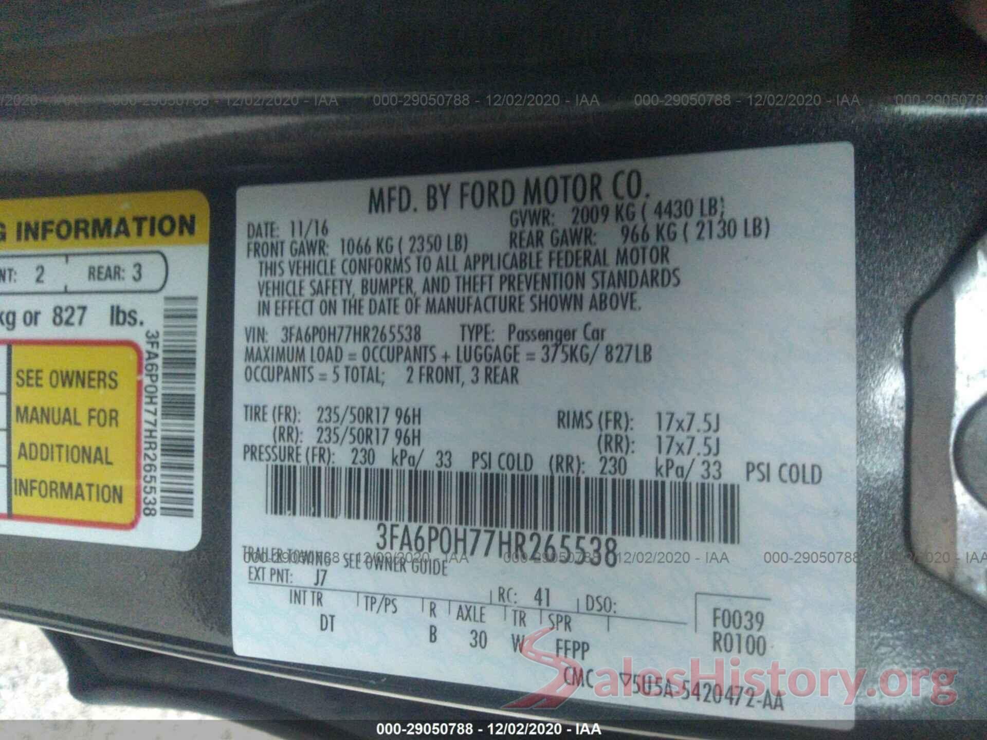 3FA6P0H77HR265538 2017 FORD FUSION