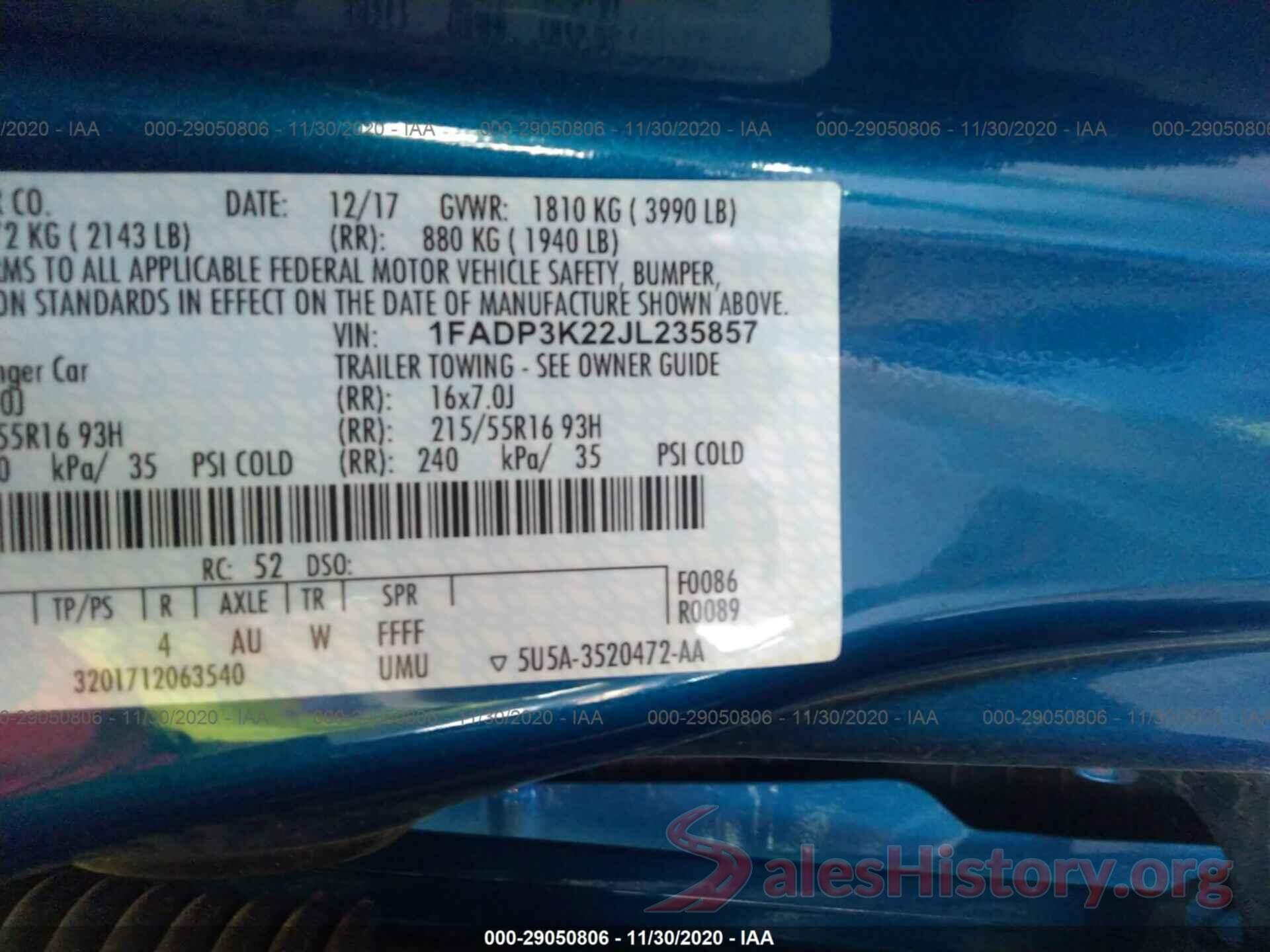 1FADP3K22JL235857 2018 FORD FOCUS