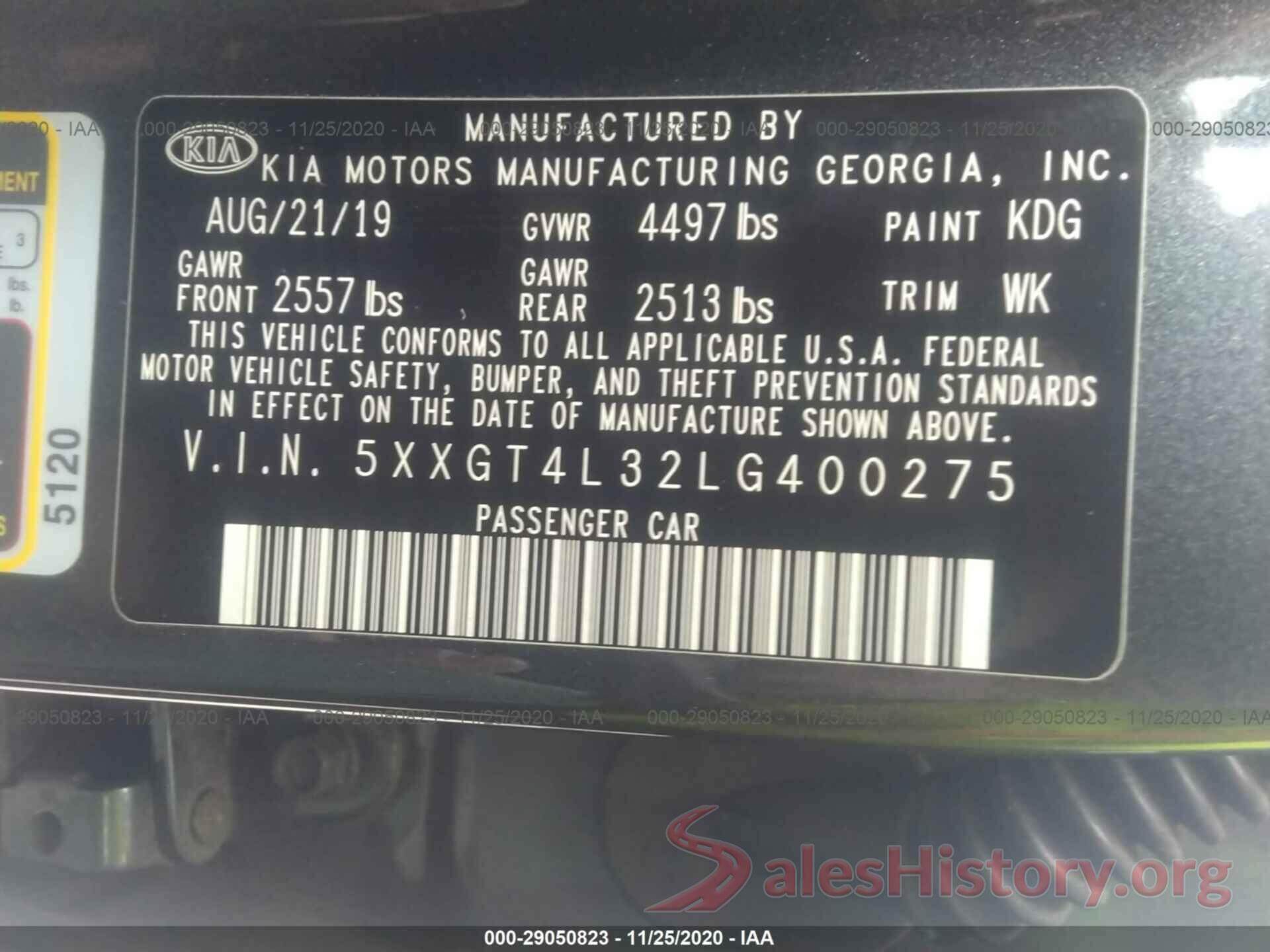 5XXGT4L32LG400275 2020 KIA OPTIMA