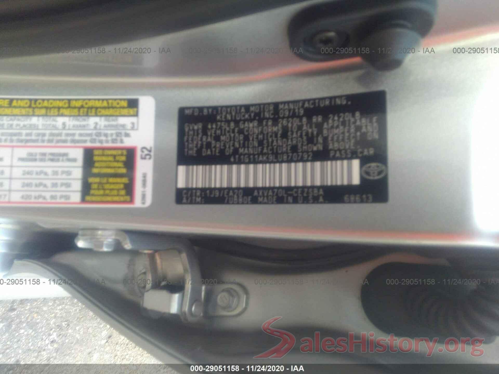 4T1G11AK9LU870792 2020 TOYOTA CAMRY