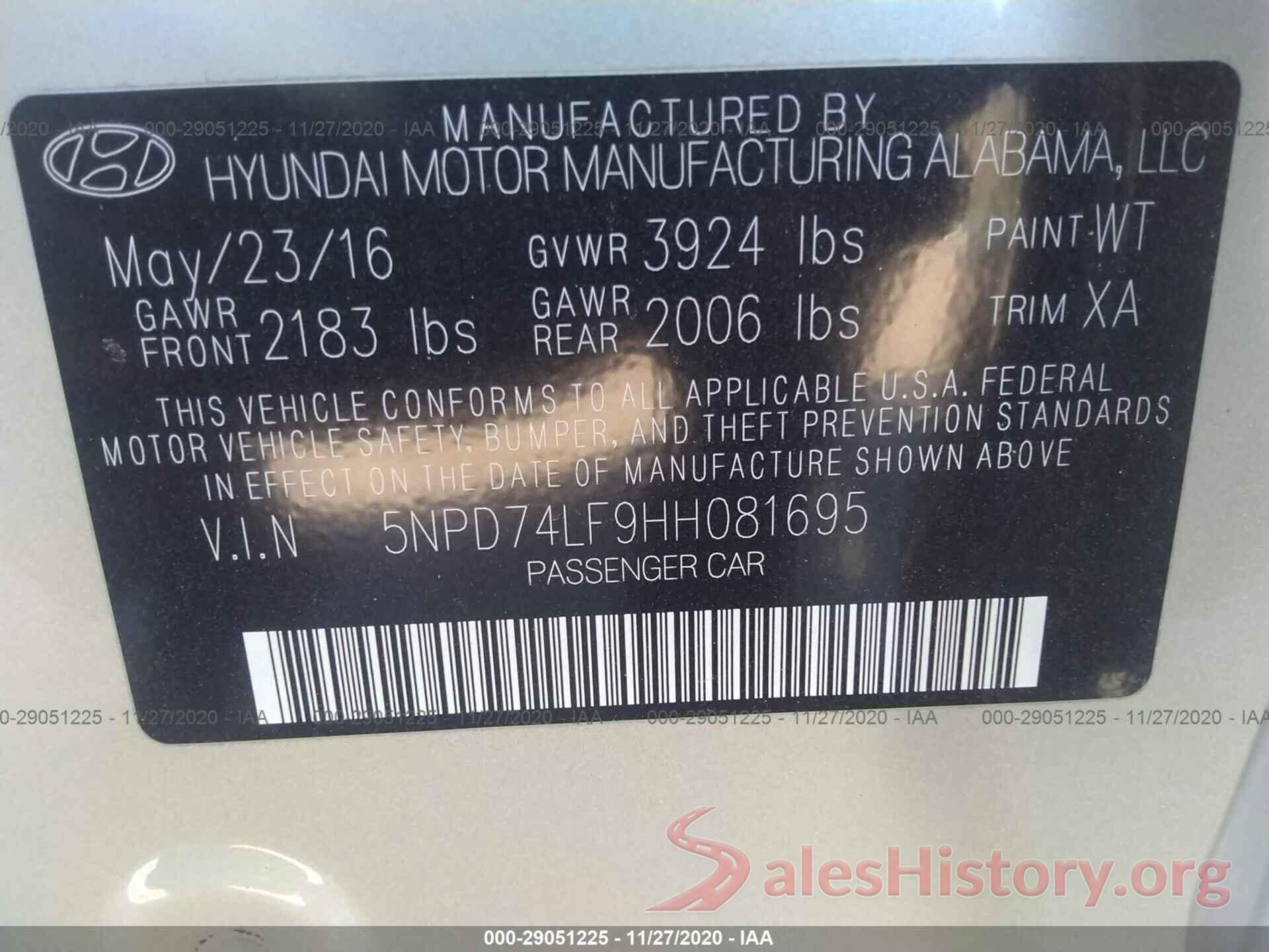 5NPD74LF9HH081695 2017 HYUNDAI ELANTRA