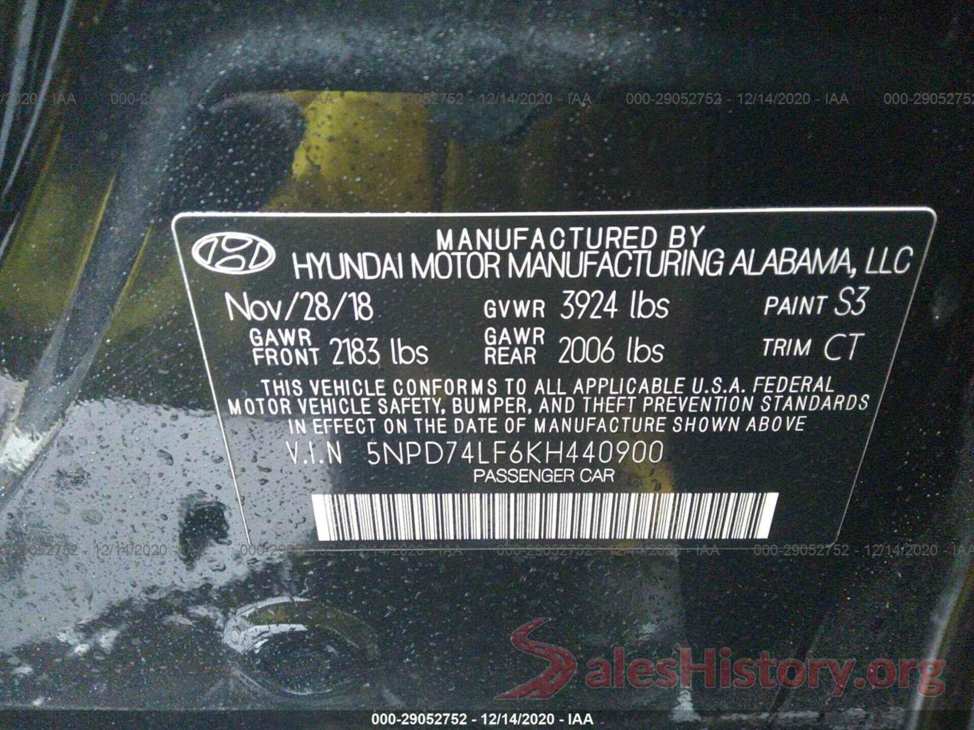 5NPD74LF6KH440900 2019 HYUNDAI ELANTRA