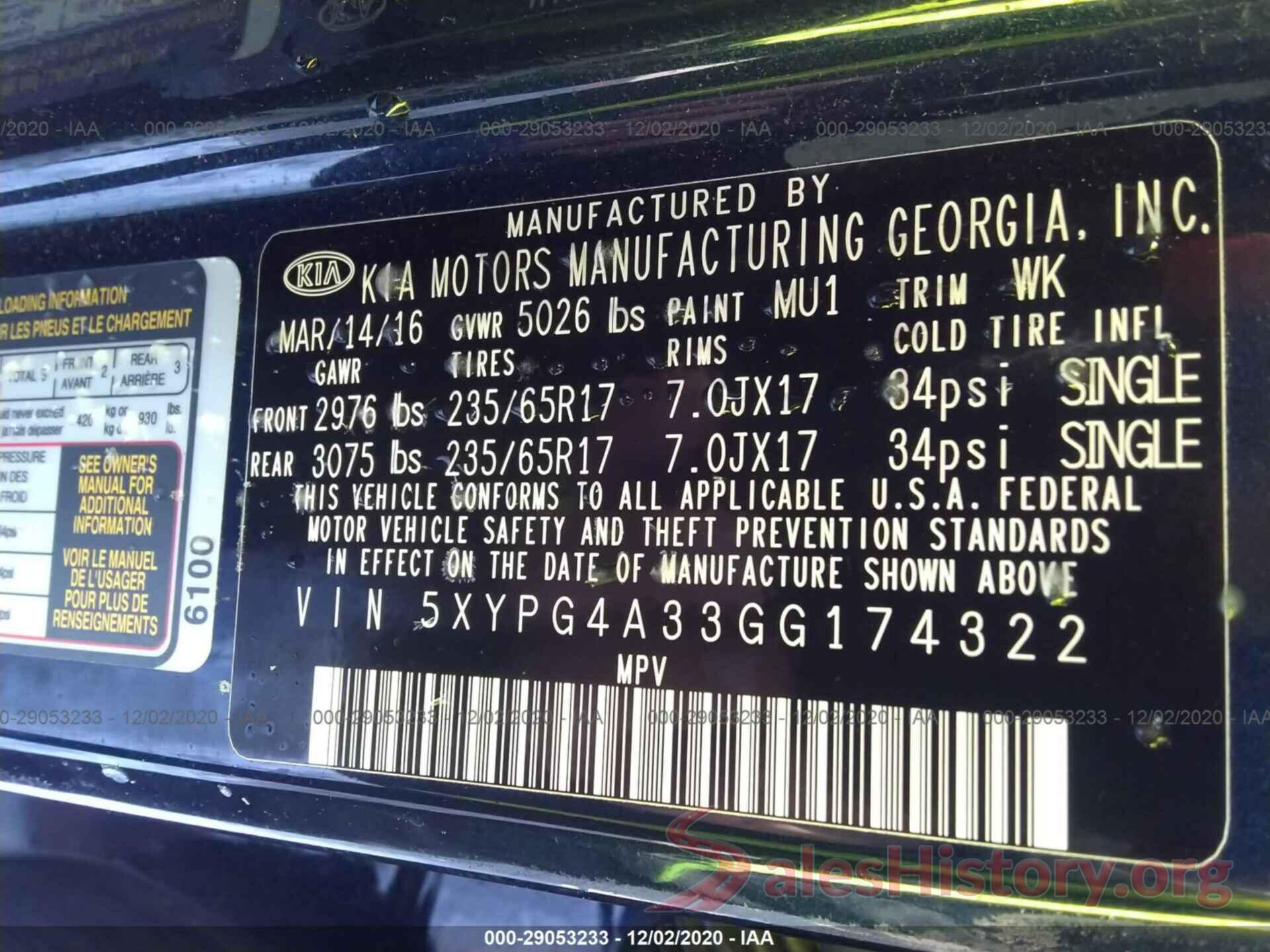 5XYPG4A33GG174322 2016 KIA SORENTO