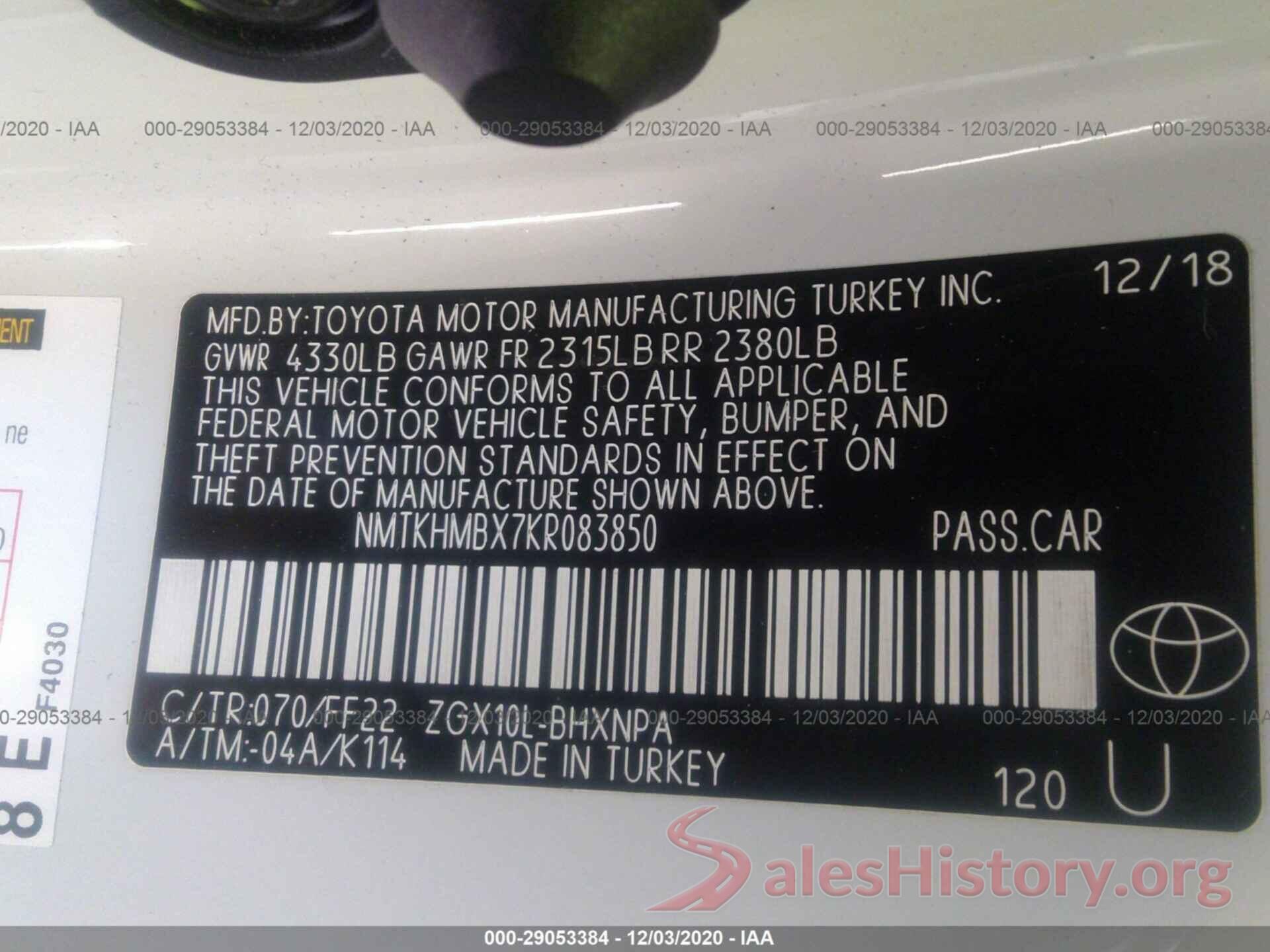 NMTKHMBX7KR083850 2019 TOYOTA C-HR