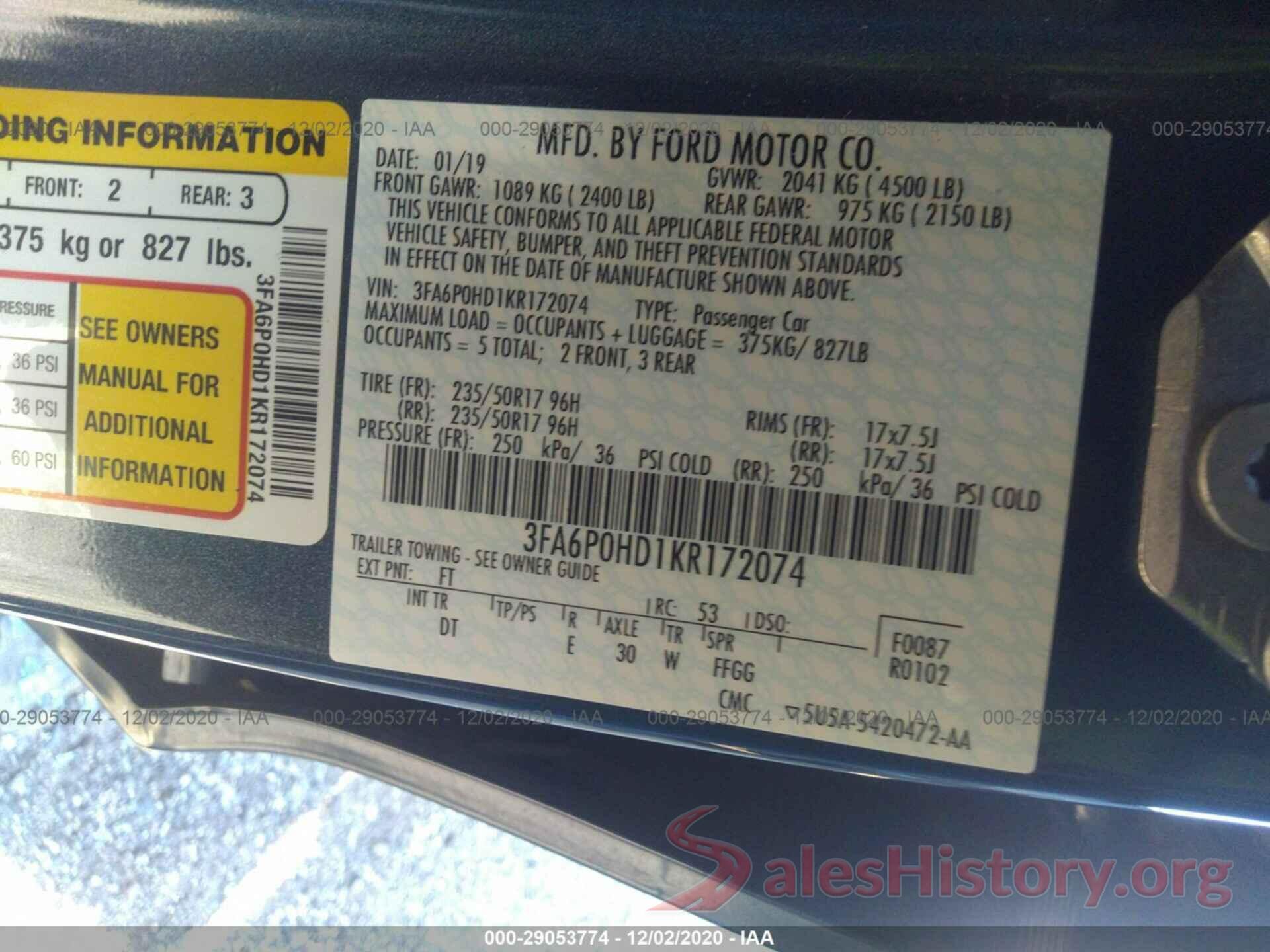 3FA6P0HD1KR172074 2019 FORD FUSION