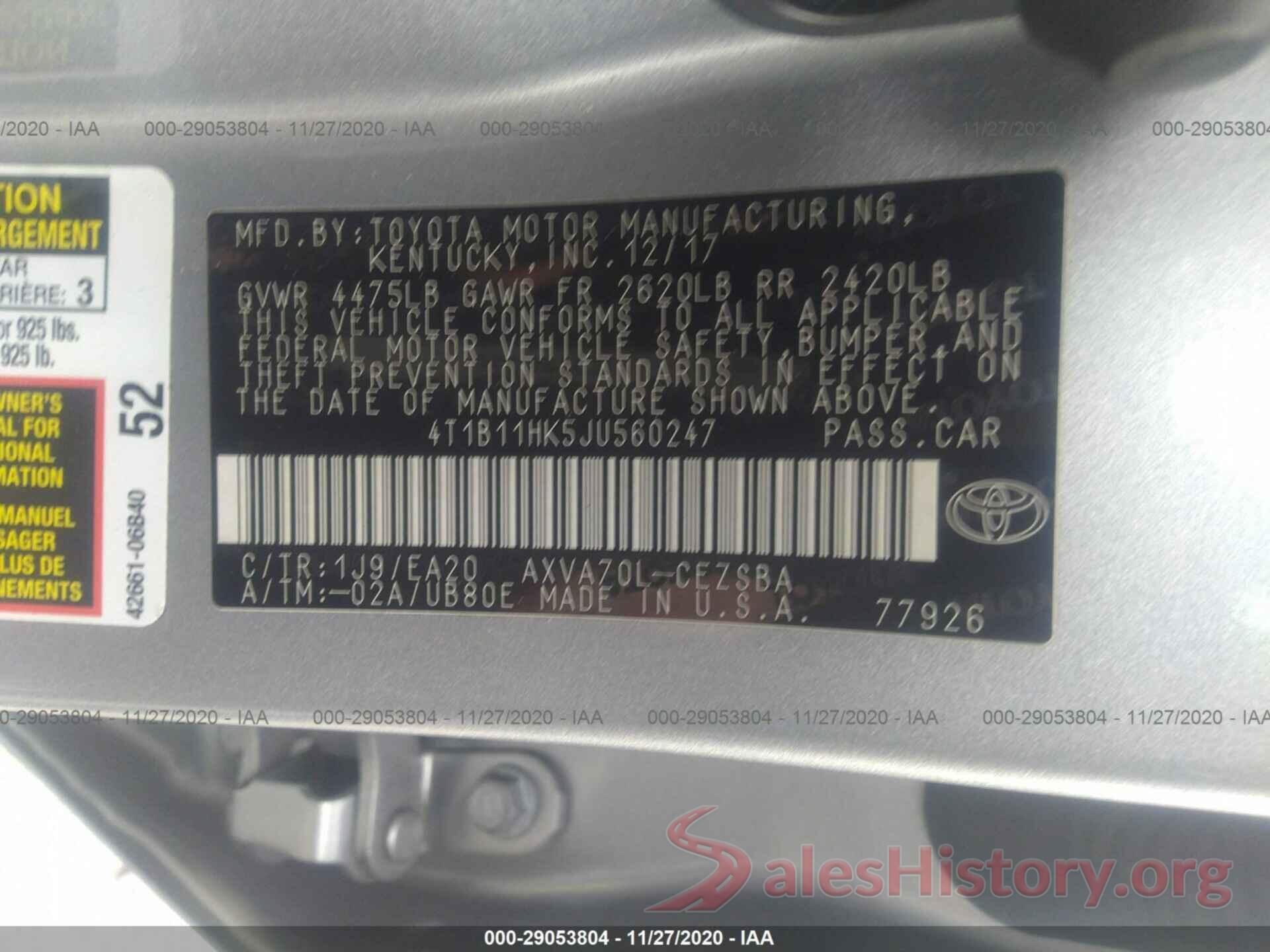 4T1B11HK5JU560247 2018 TOYOTA CAMRY