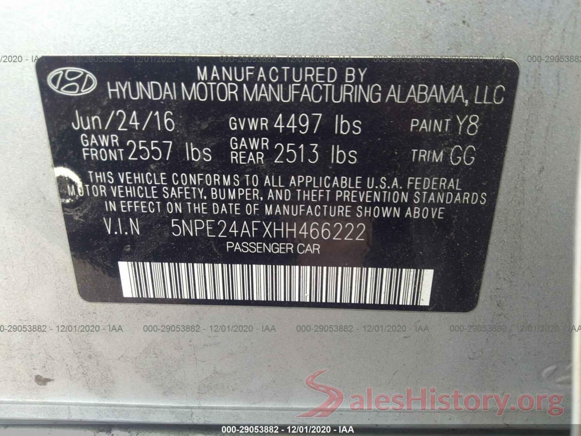 5NPE24AFXHH466222 2017 HYUNDAI SONATA