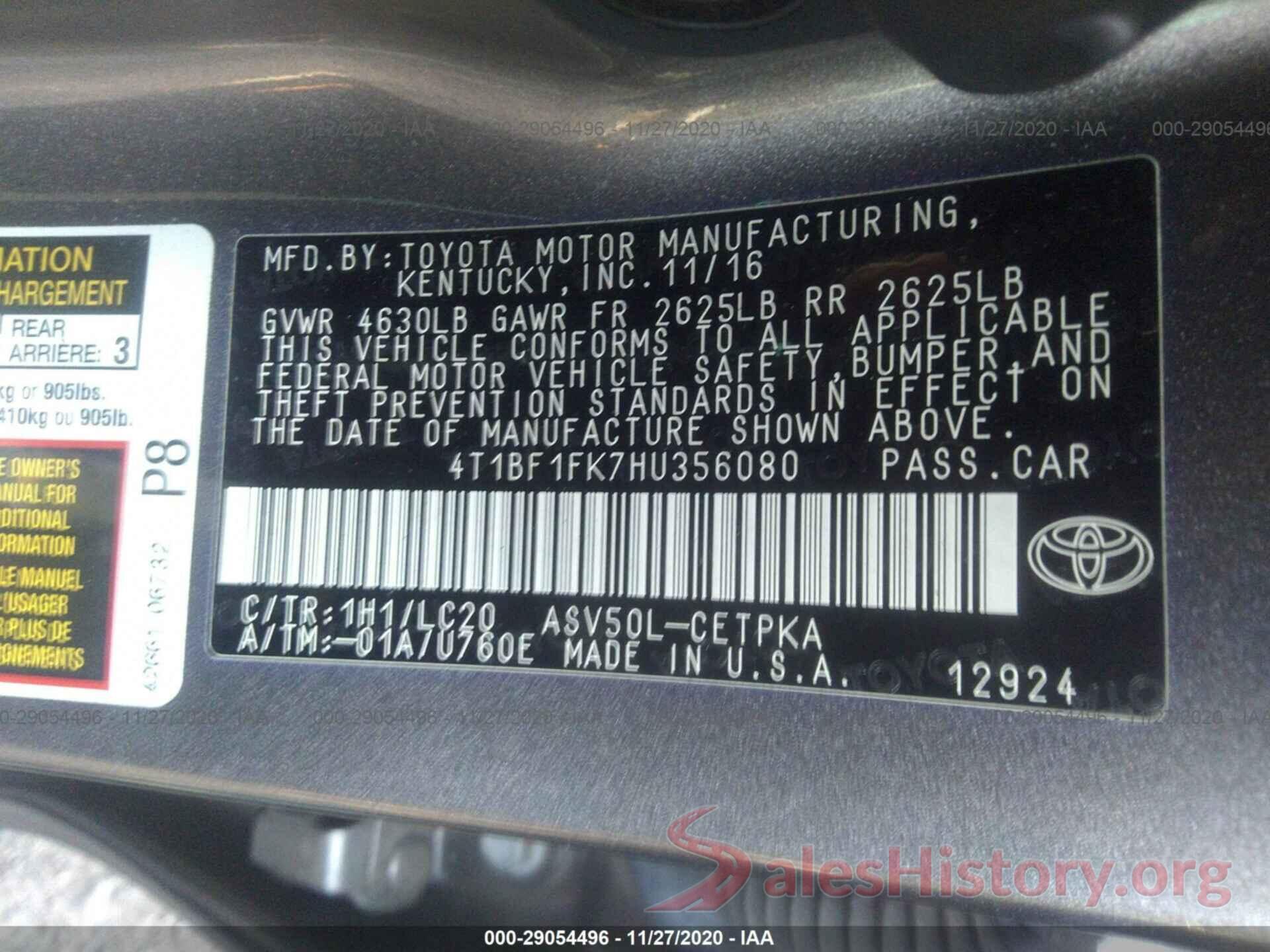 4T1BF1FK7HU356080 2017 TOYOTA CAMRY