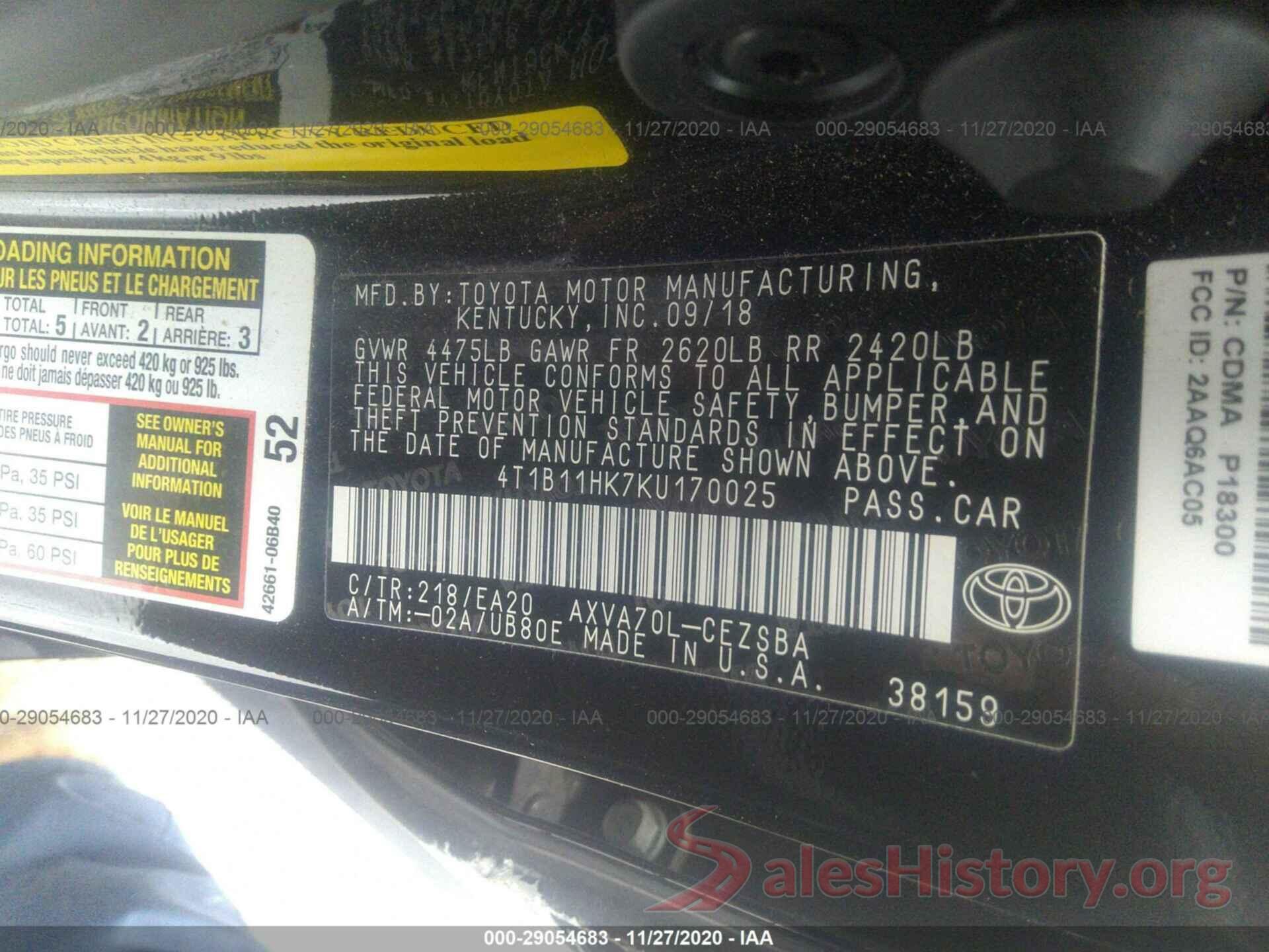 4T1B11HK7KU170025 2019 TOYOTA CAMRY