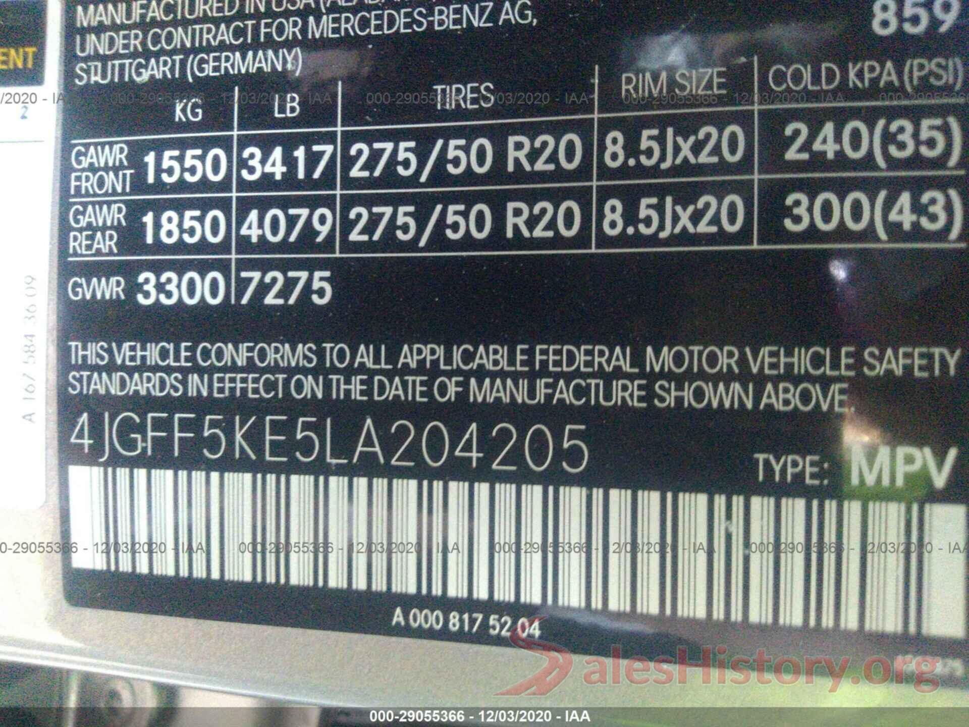 4JGFF5KE5LA204205 2020 MERCEDES-BENZ GLS