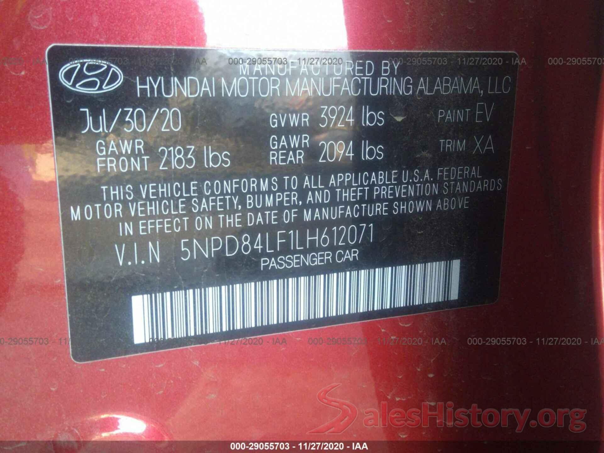 5NPD84LF1LH612071 2020 HYUNDAI ELANTRA