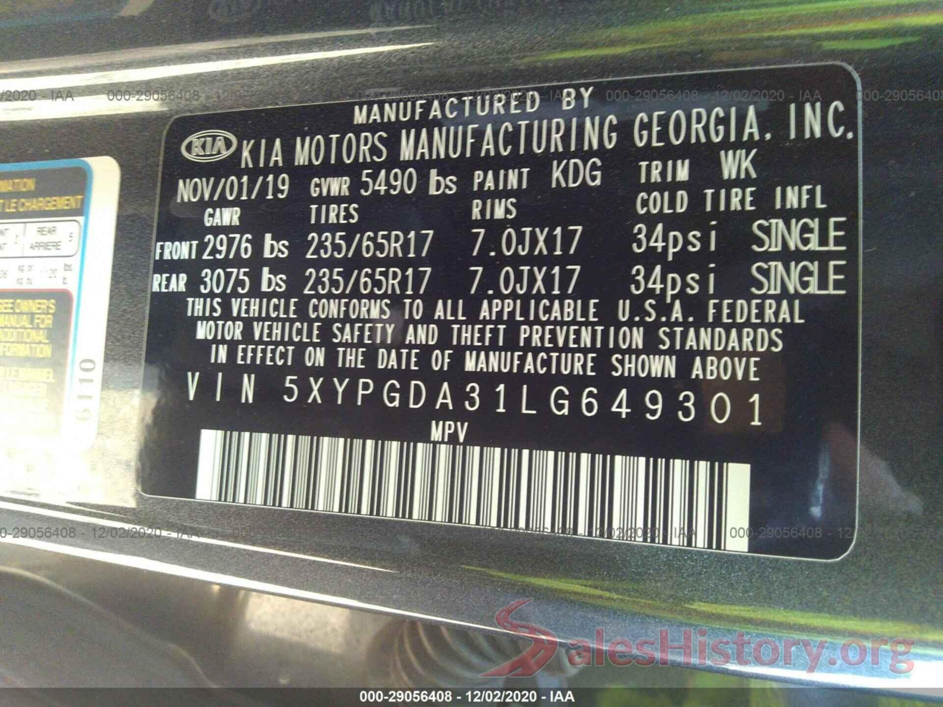 5XYPGDA31LG649301 2020 KIA SORENTO