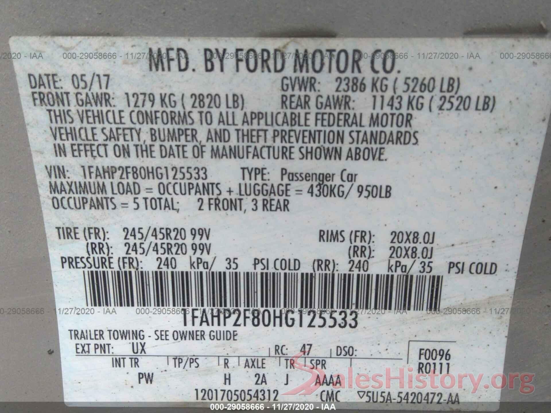 1FAHP2F80HG125533 2017 FORD TAURUS