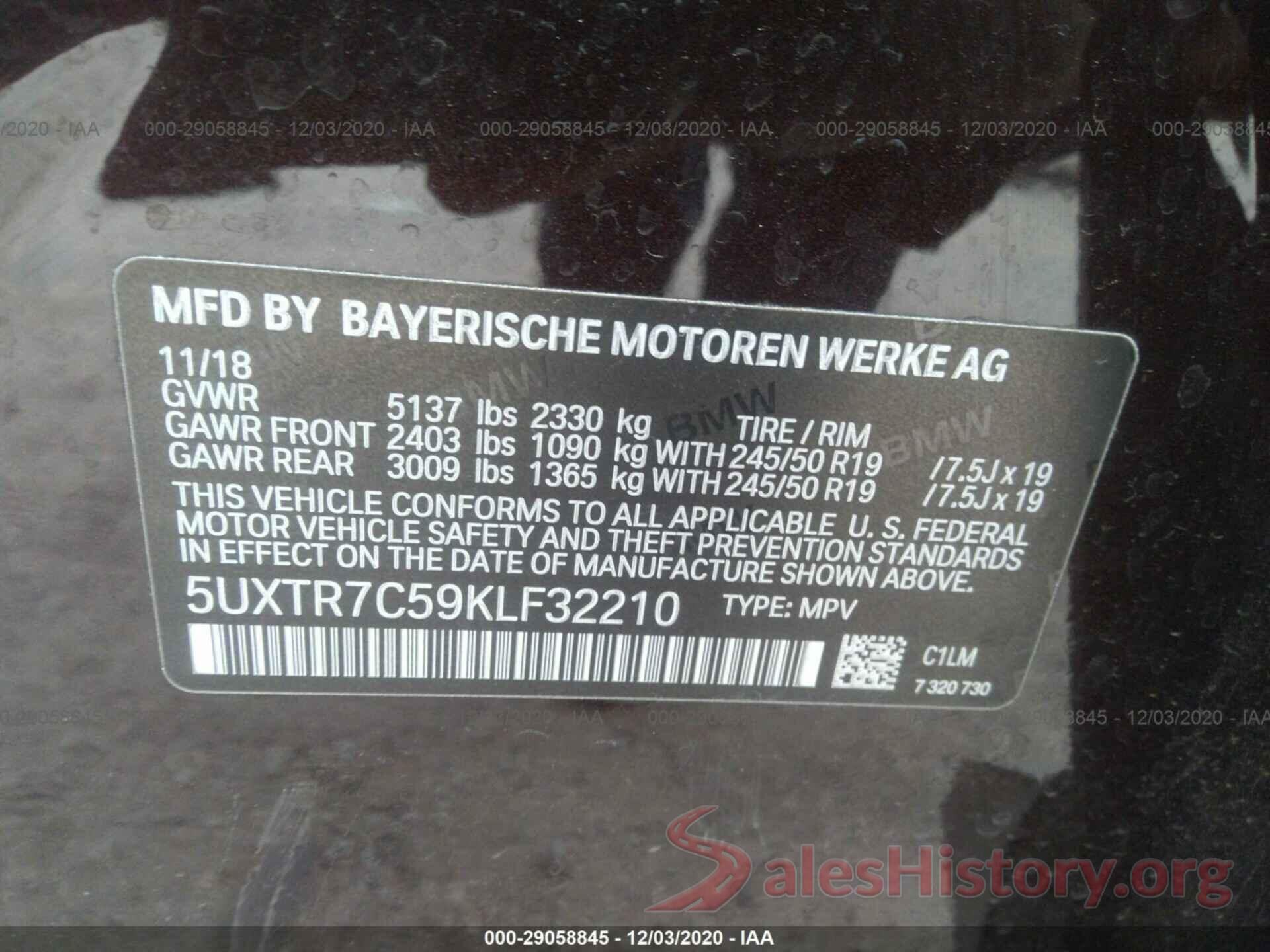 5UXTR7C59KLF32210 2019 BMW X3