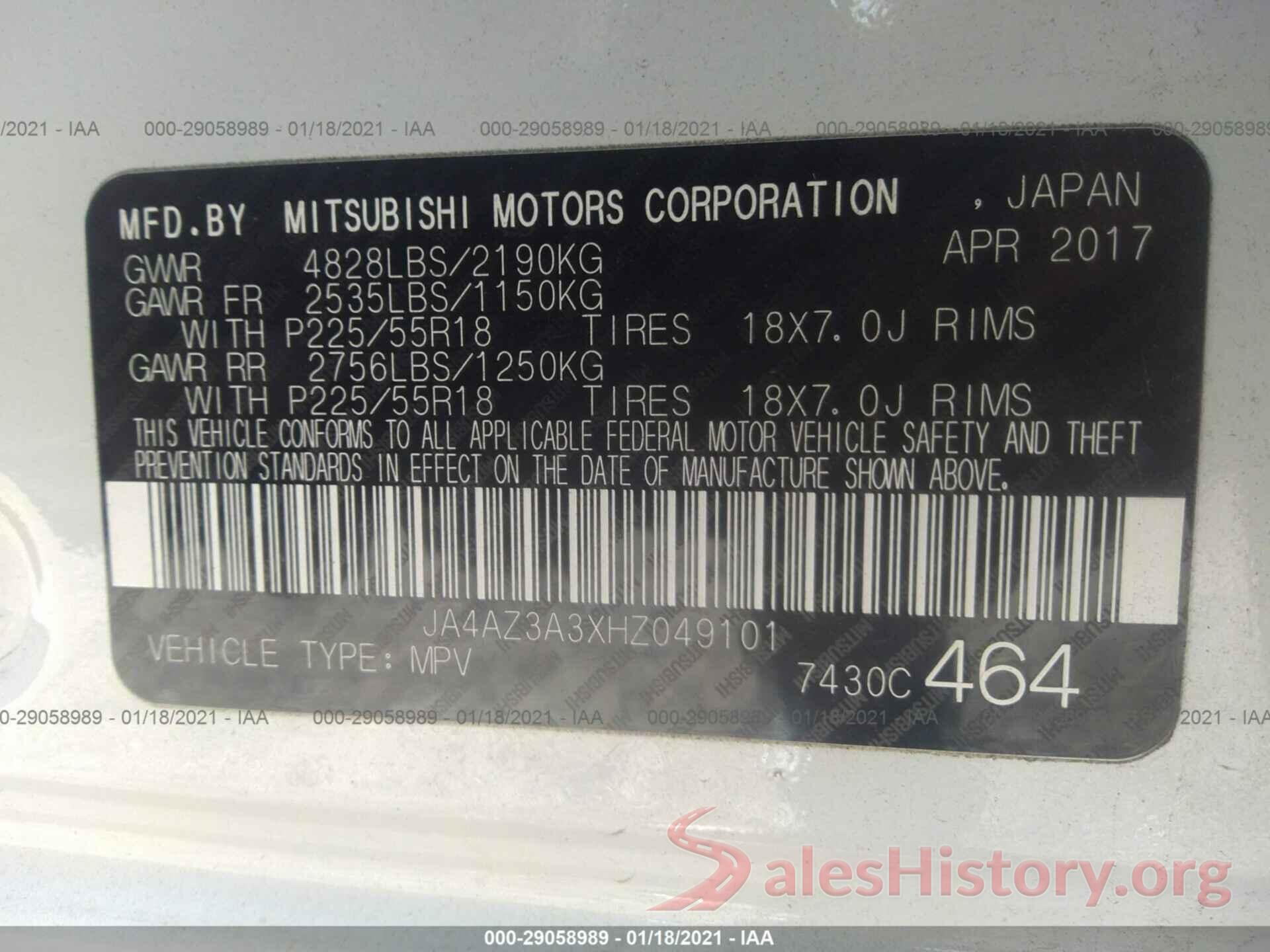 JA4AZ3A3XHZ049101 2017 MITSUBISHI OUTLANDER