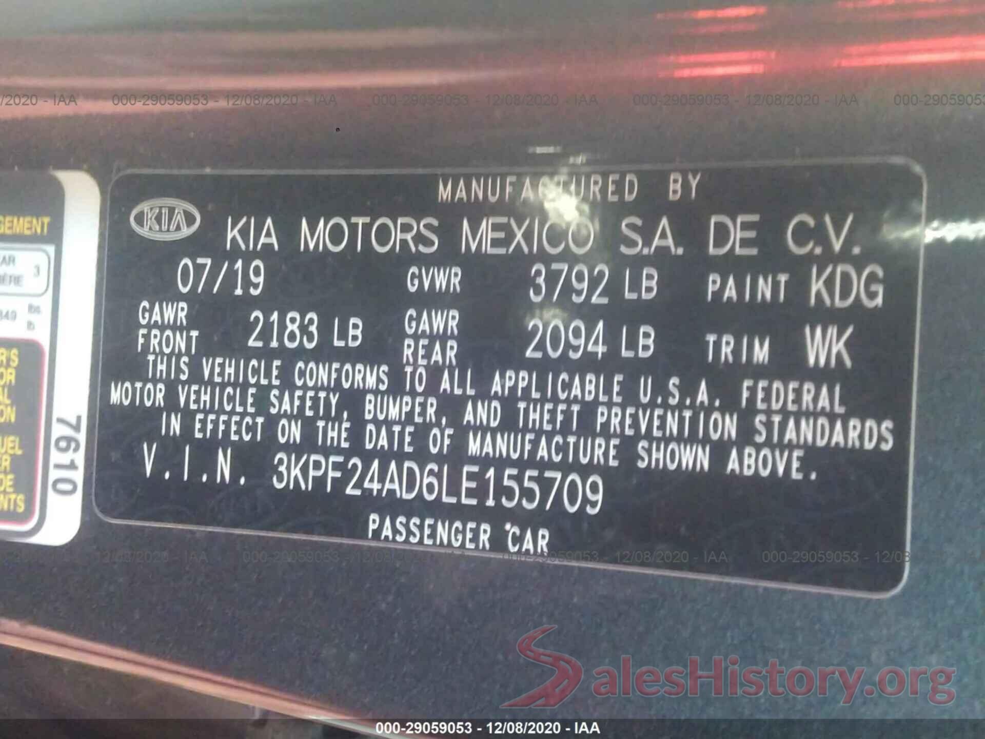 3KPF24AD6LE155709 2020 KIA FORTE