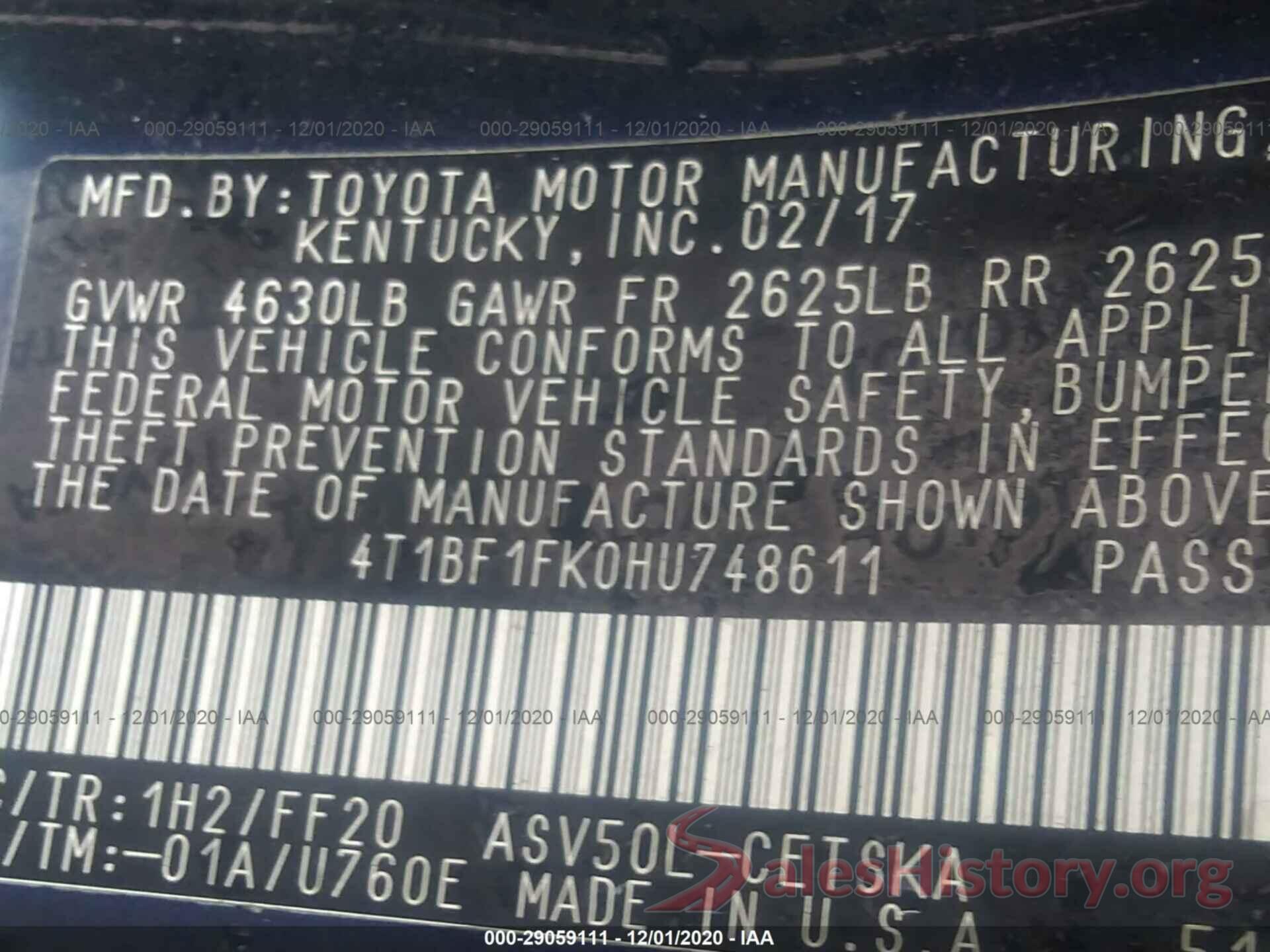 4T1BF1FK0HU748611 2017 TOYOTA CAMRY