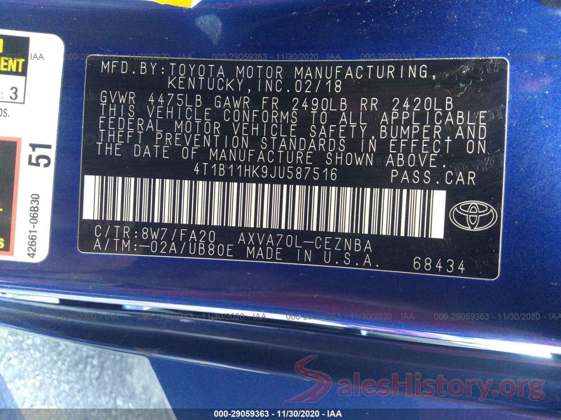 4T1B11HK9JU587516 2018 TOYOTA CAMRY