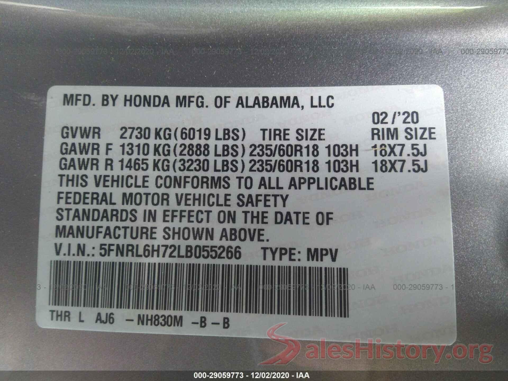 5FNRL6H72LB055266 2020 HONDA ODYSSEY