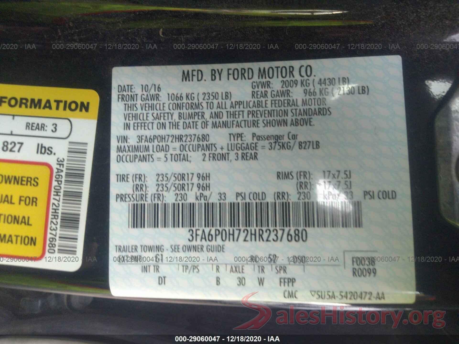 3FA6P0H72HR237680 2017 FORD FUSION