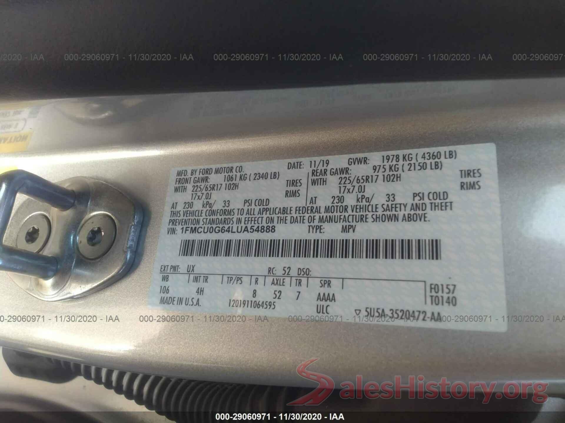 1FMCU0G64LUA54888 2020 FORD ESCAPE