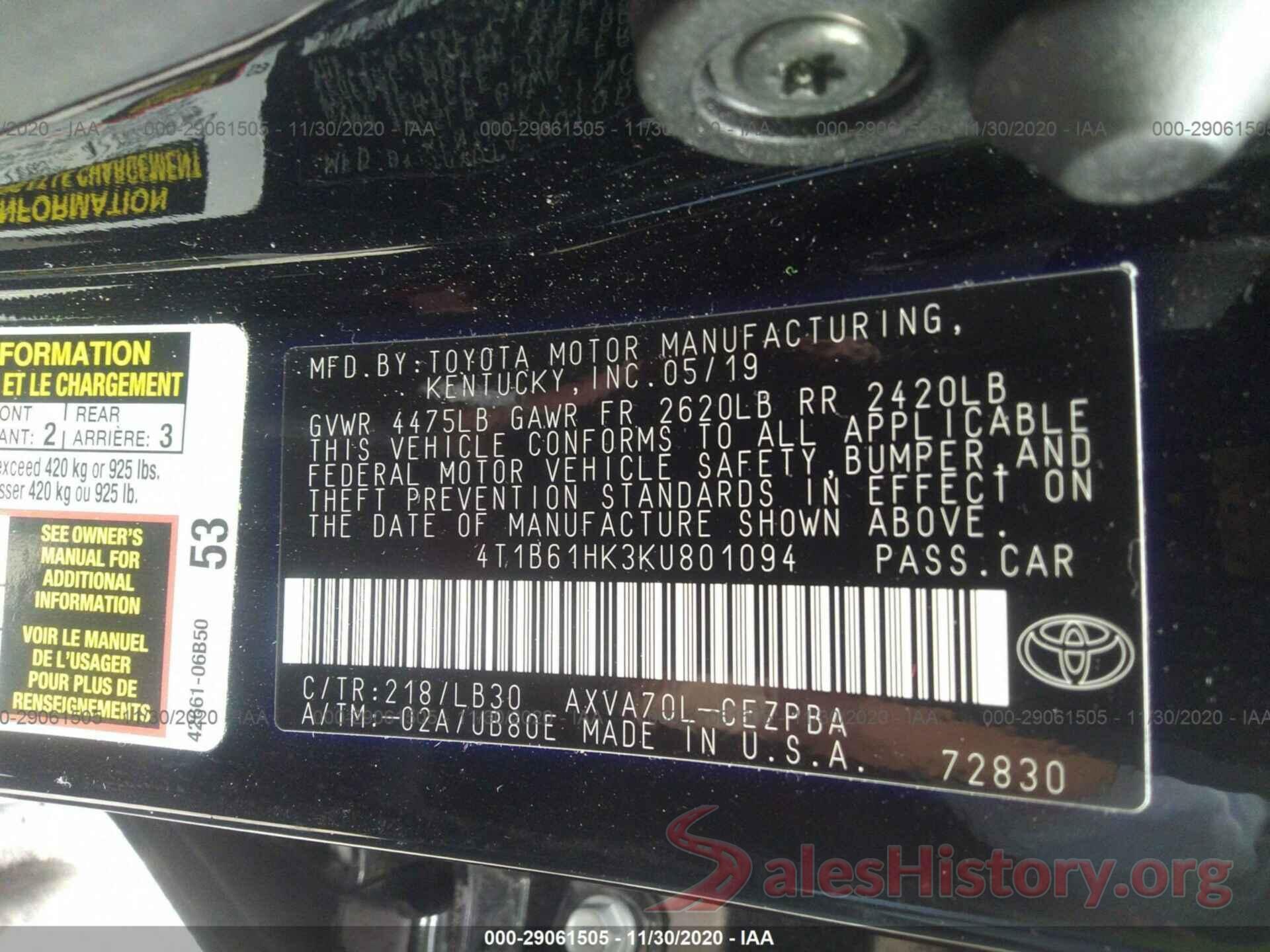 4T1B61HK3KU801094 2019 TOYOTA CAMRY