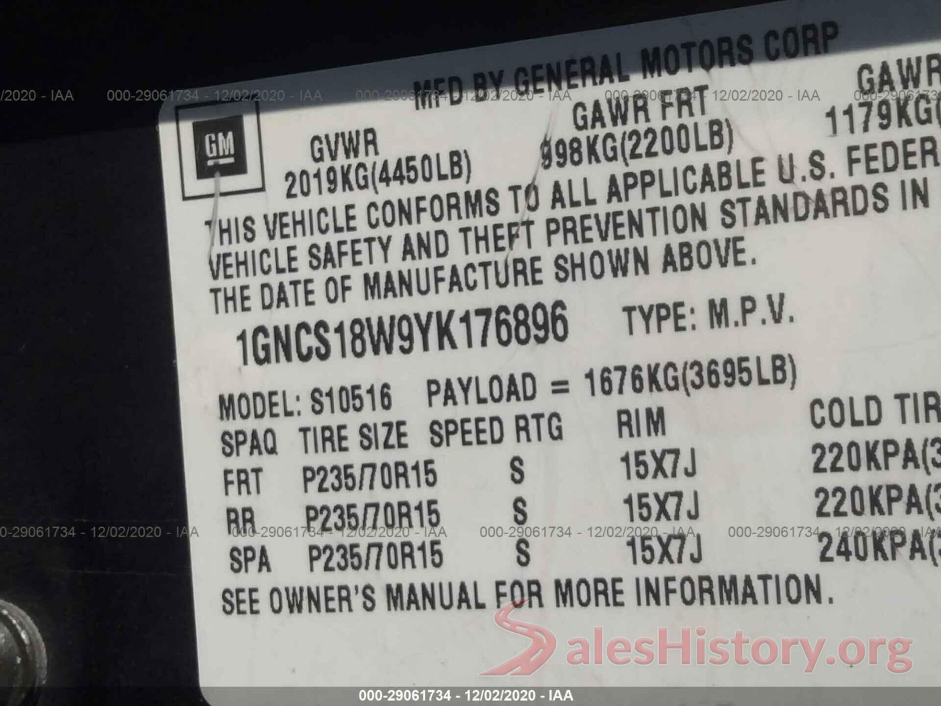 1GNCS18W9YK176896 2000 CHEVROLET BLAZER