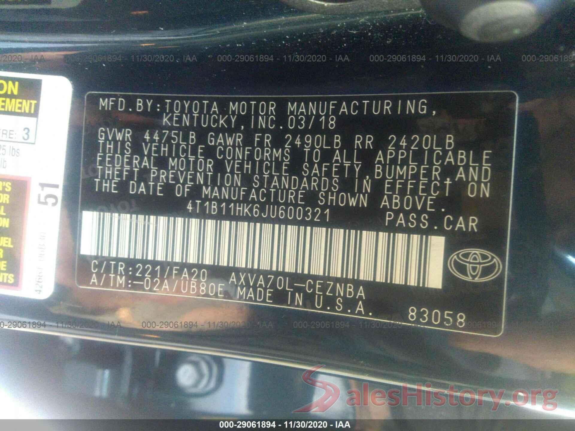 4T1B11HK6JU600321 2018 TOYOTA CAMRY