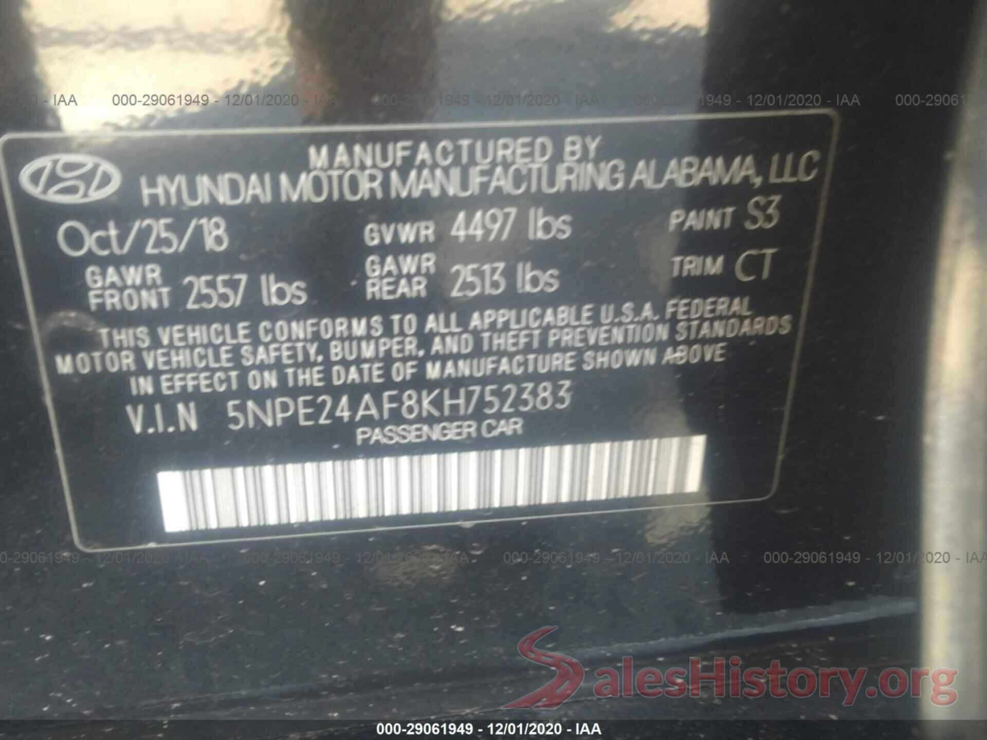 5NPE24AF8KH752383 2019 HYUNDAI SONATA